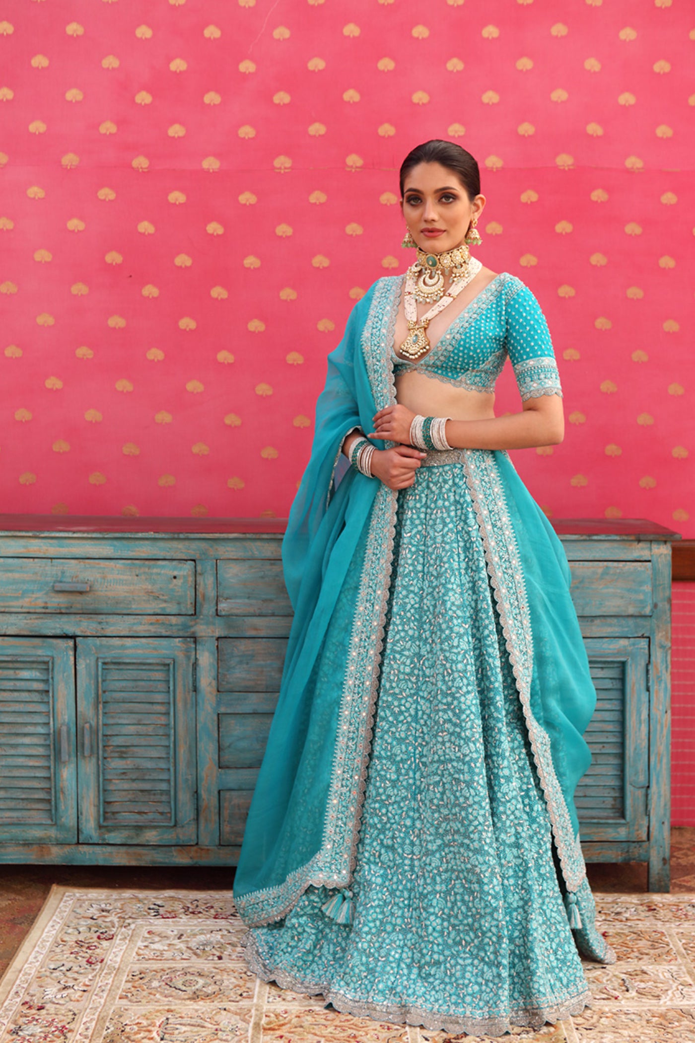 Hand-Embroidered Pure Silk-Organza Sea-Blue Lehenga-Set