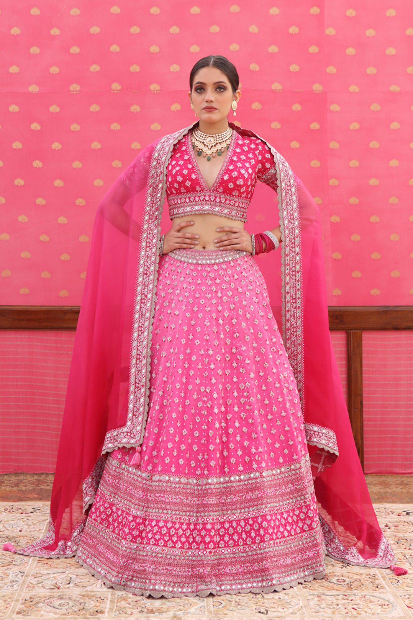 Hand-Embroidered Pure Silk-Organza Ombre Jazzy-Pink Lehenga-Set