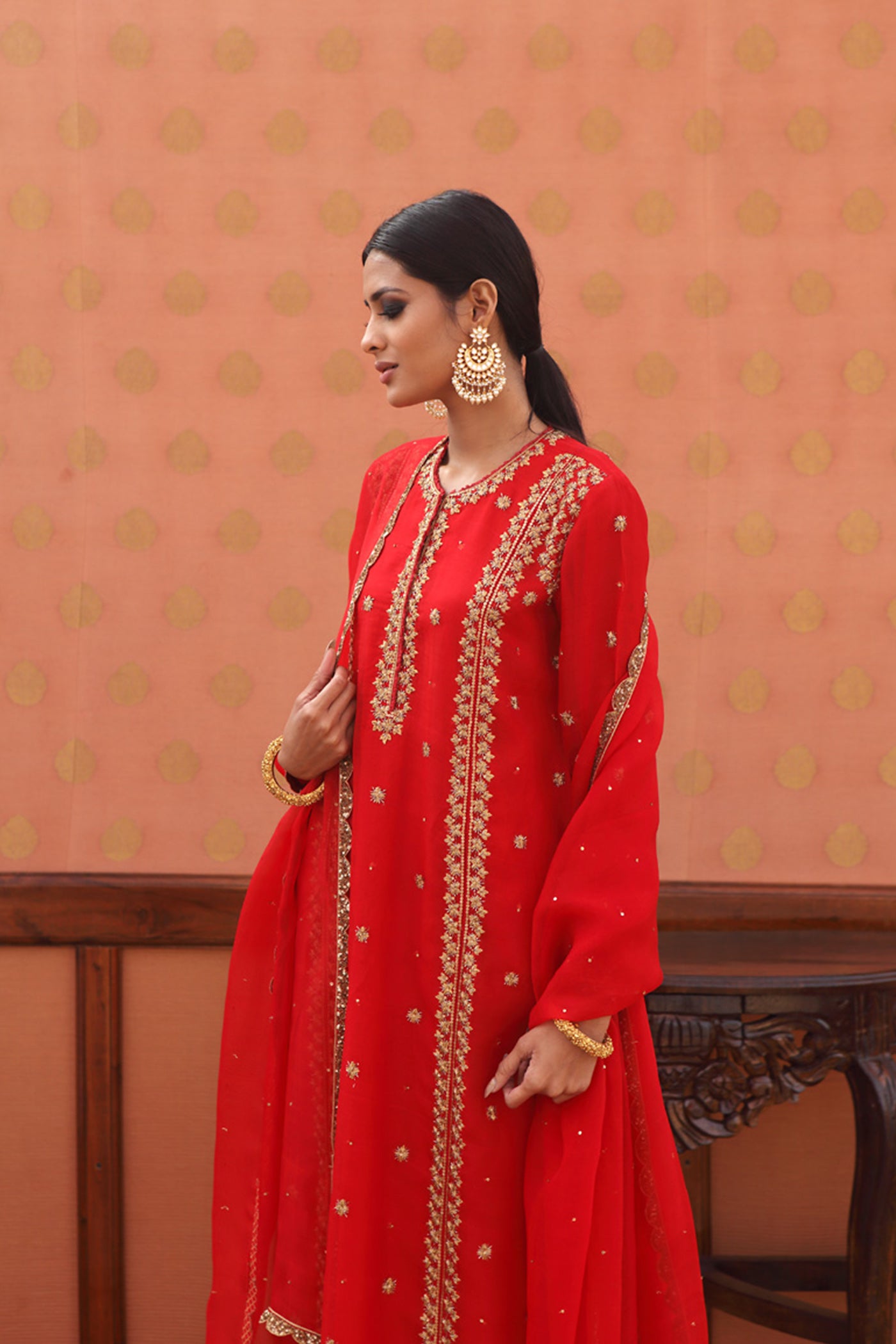 Hand-Embroidered Barberry-Red Kurta-Churidaar Set