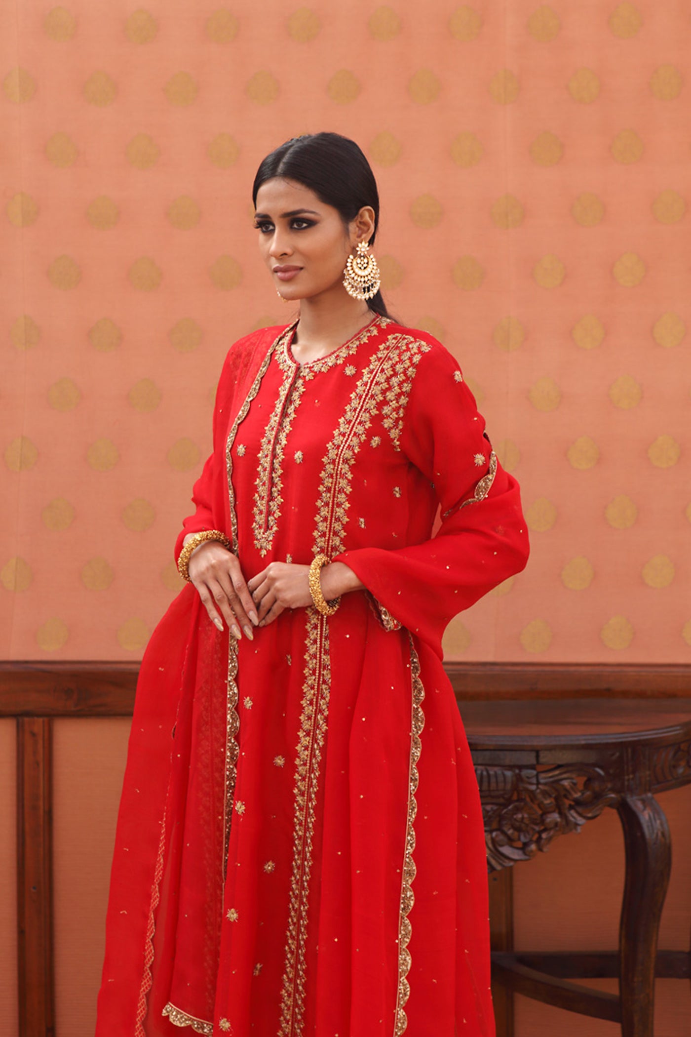 Hand-Embroidered Barberry-Red Kurta-Churidaar Set