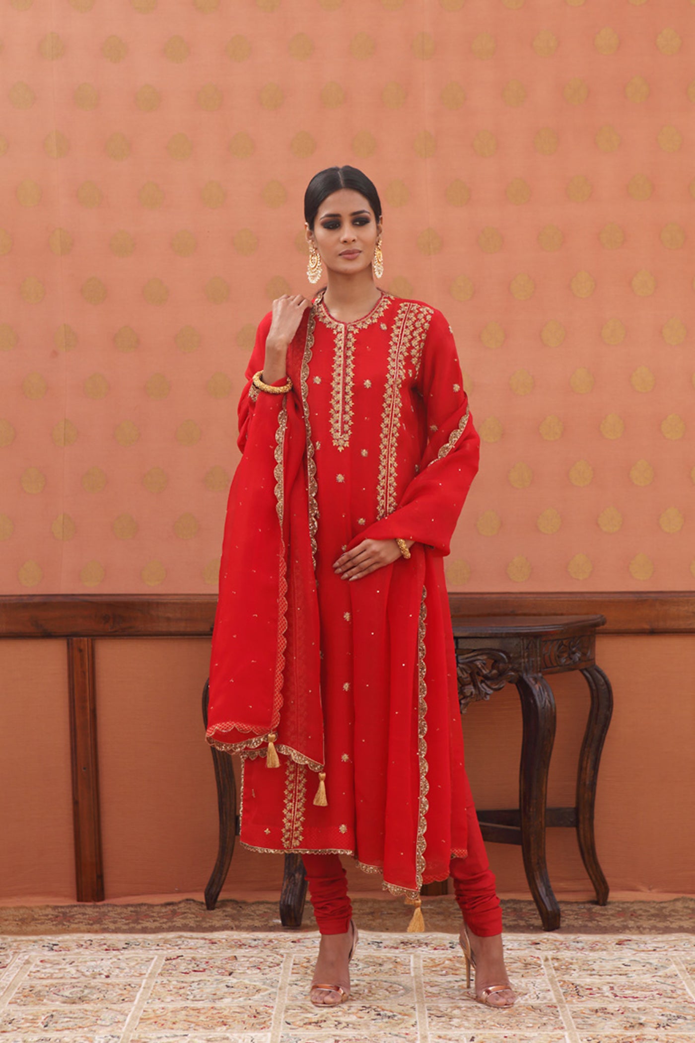 Hand-Embroidered Barberry-Red Kurta-Churidaar Set