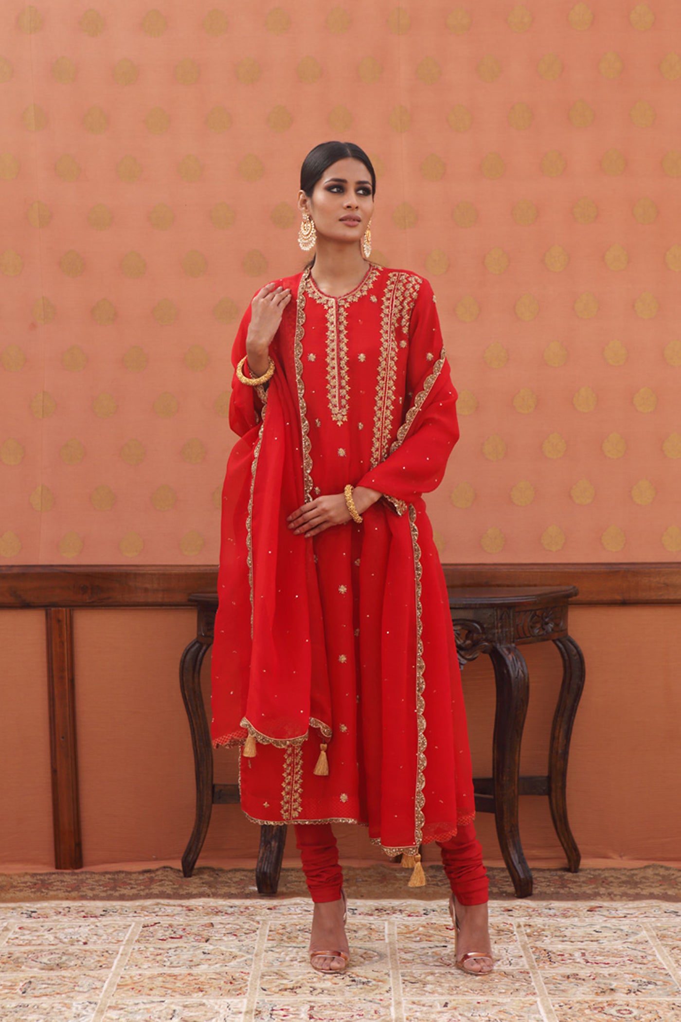 Hand-Embroidered Barberry-Red Kurta-Churidaar Set