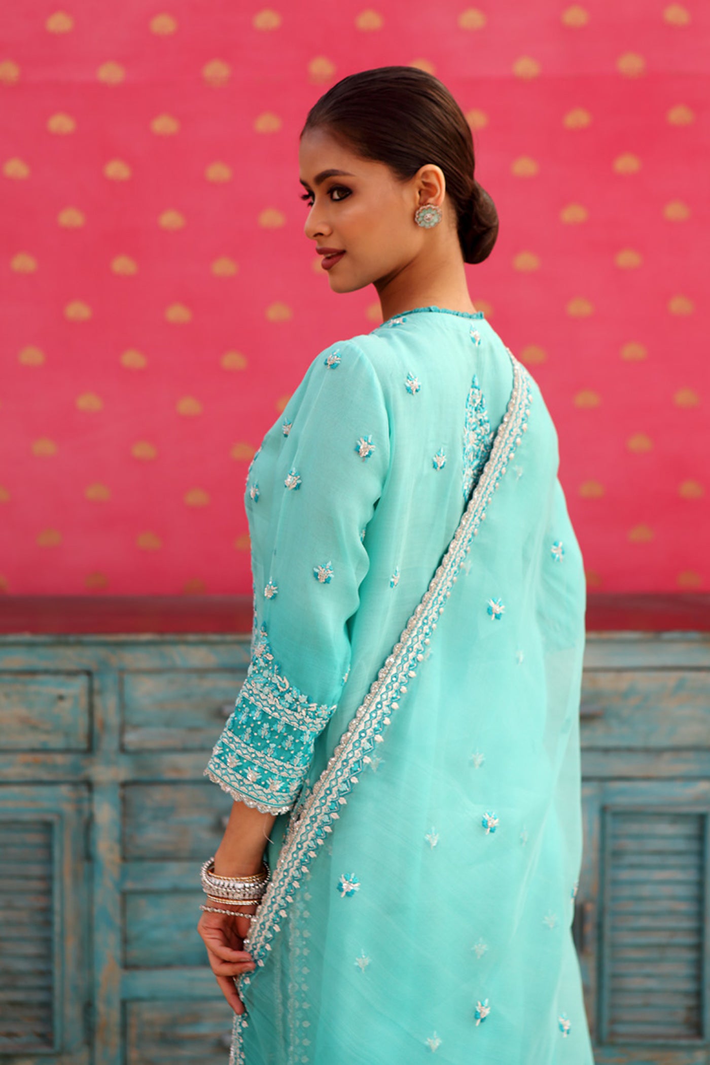 Hand-Embroidered Ombre Lagoon-Blue Kurta-Churidaar Set