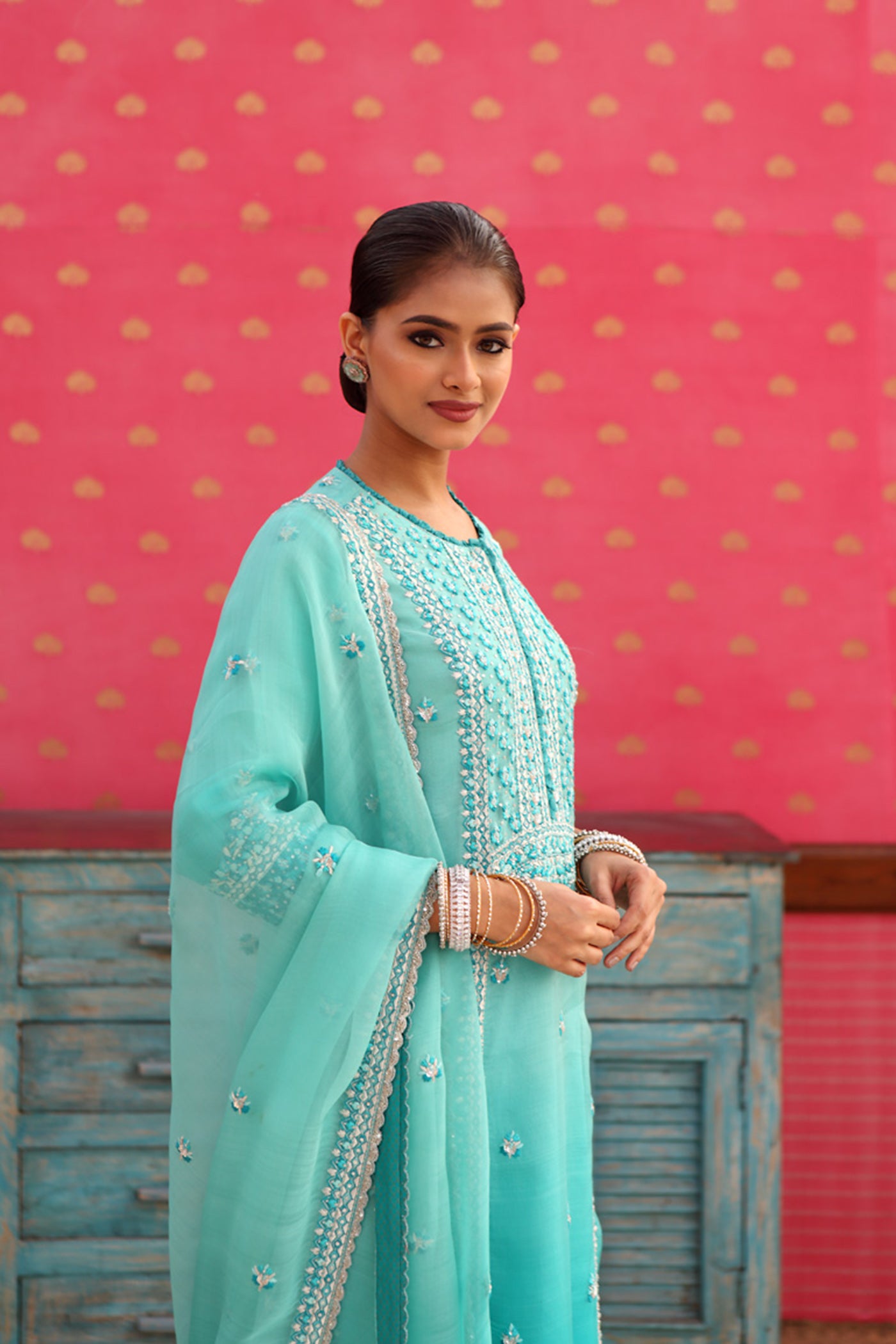 Hand-Embroidered Ombre Lagoon-Blue Kurta-Churidaar Set