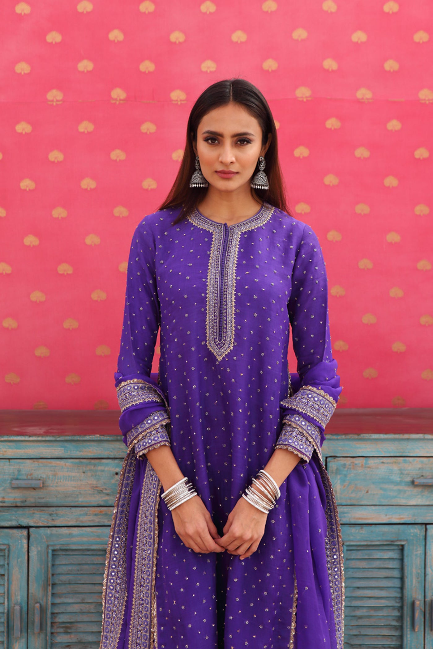 Hand-Embroidered Deep Blue-Purple Kurta-Sharara Set