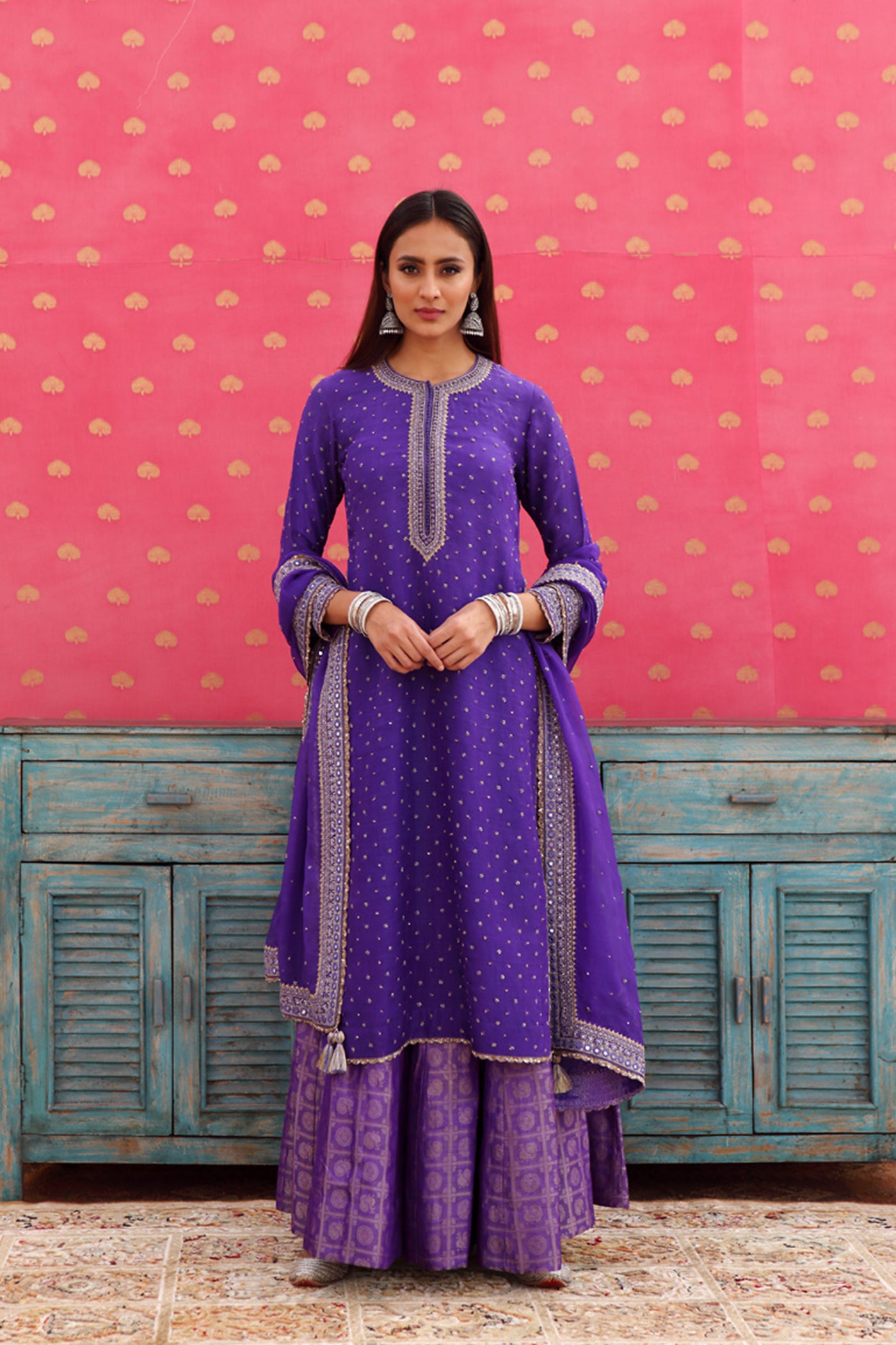 Hand-Embroidered Deep Blue-Purple Kurta-Sharara Set