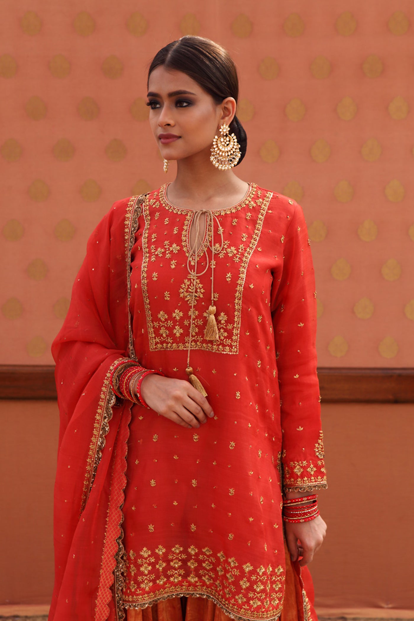 Hand-Embroidered Pumpkin-Red Kurta-Sharara Set