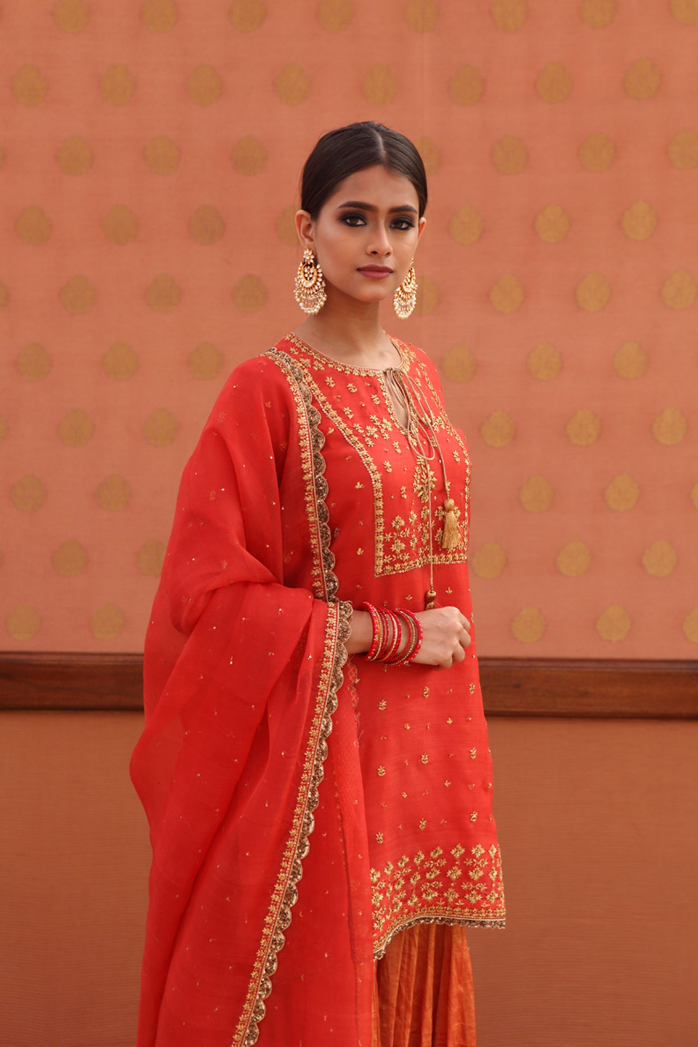 Hand-Embroidered Pumpkin-Red Kurta-Sharara Set