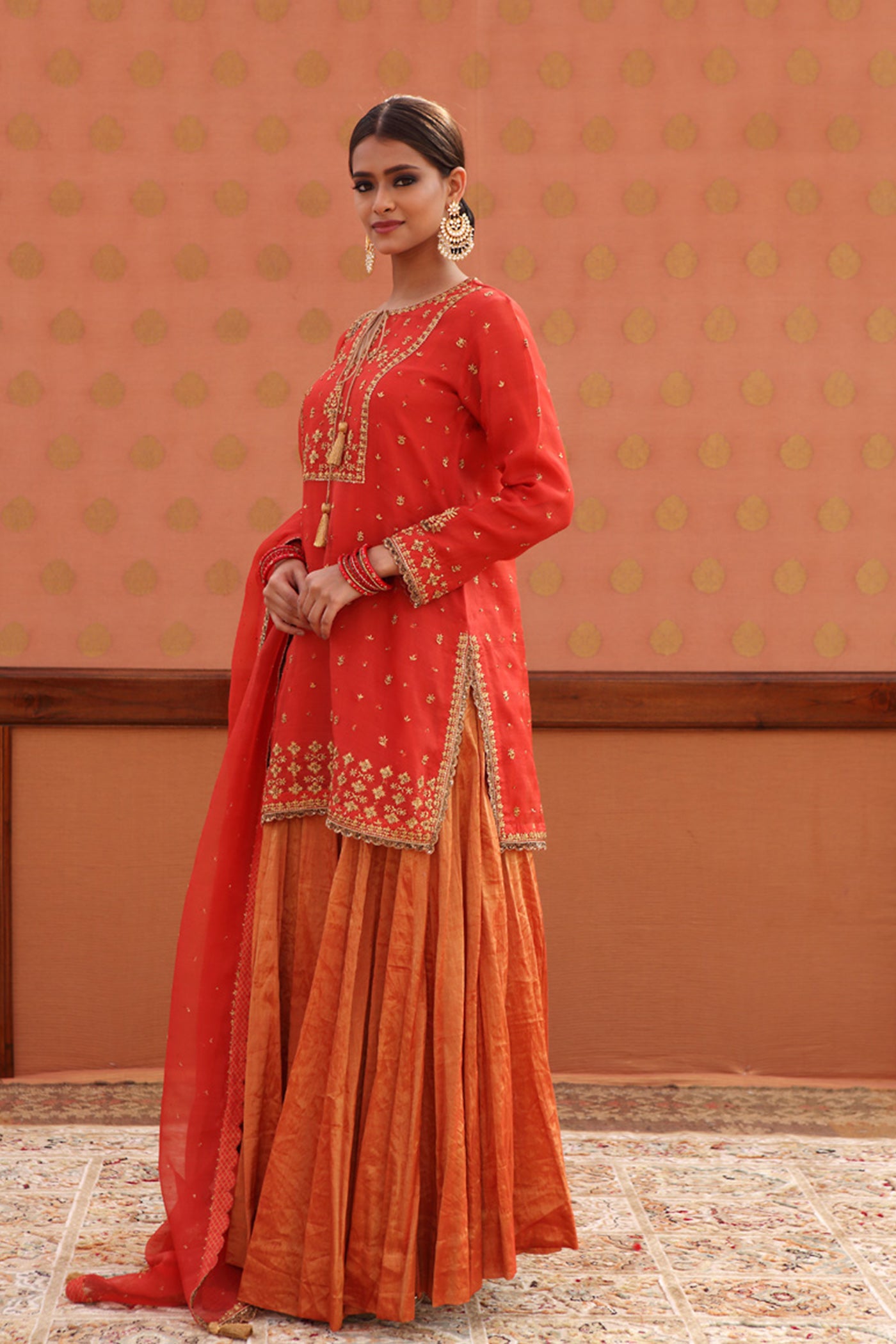 Hand-Embroidered Pumpkin-Red Kurta-Sharara Set