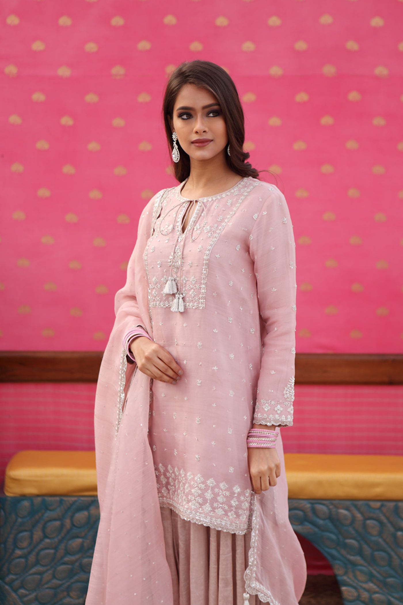 Hand-Embroidered Dusty Pastel Pink Kurta-Sharara Set