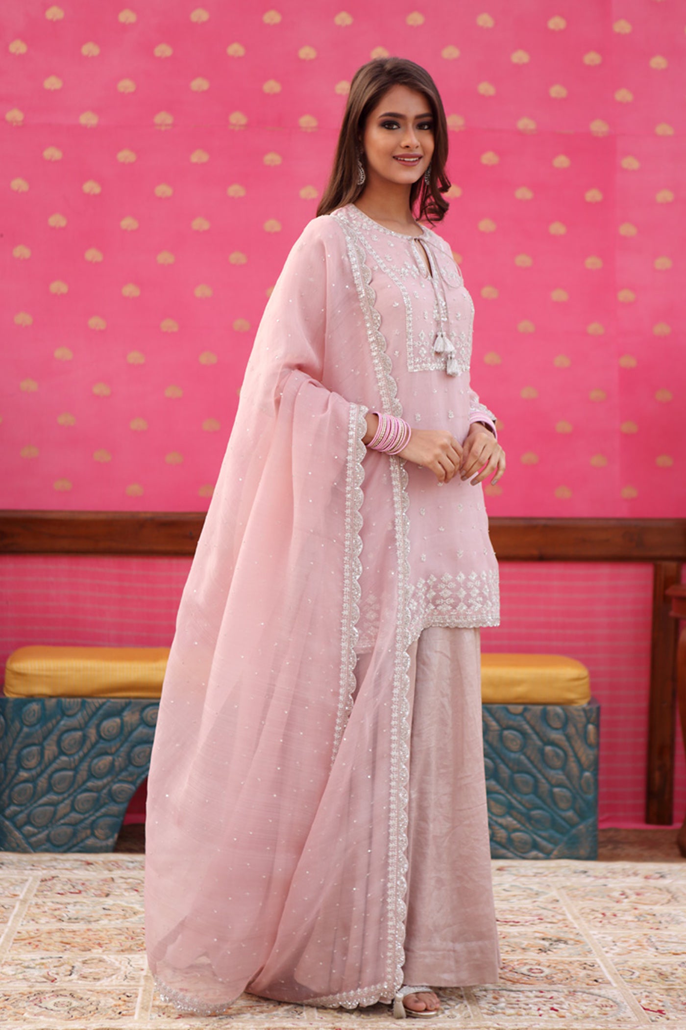 Hand-Embroidered Dusty Pastel Pink Kurta-Sharara Set