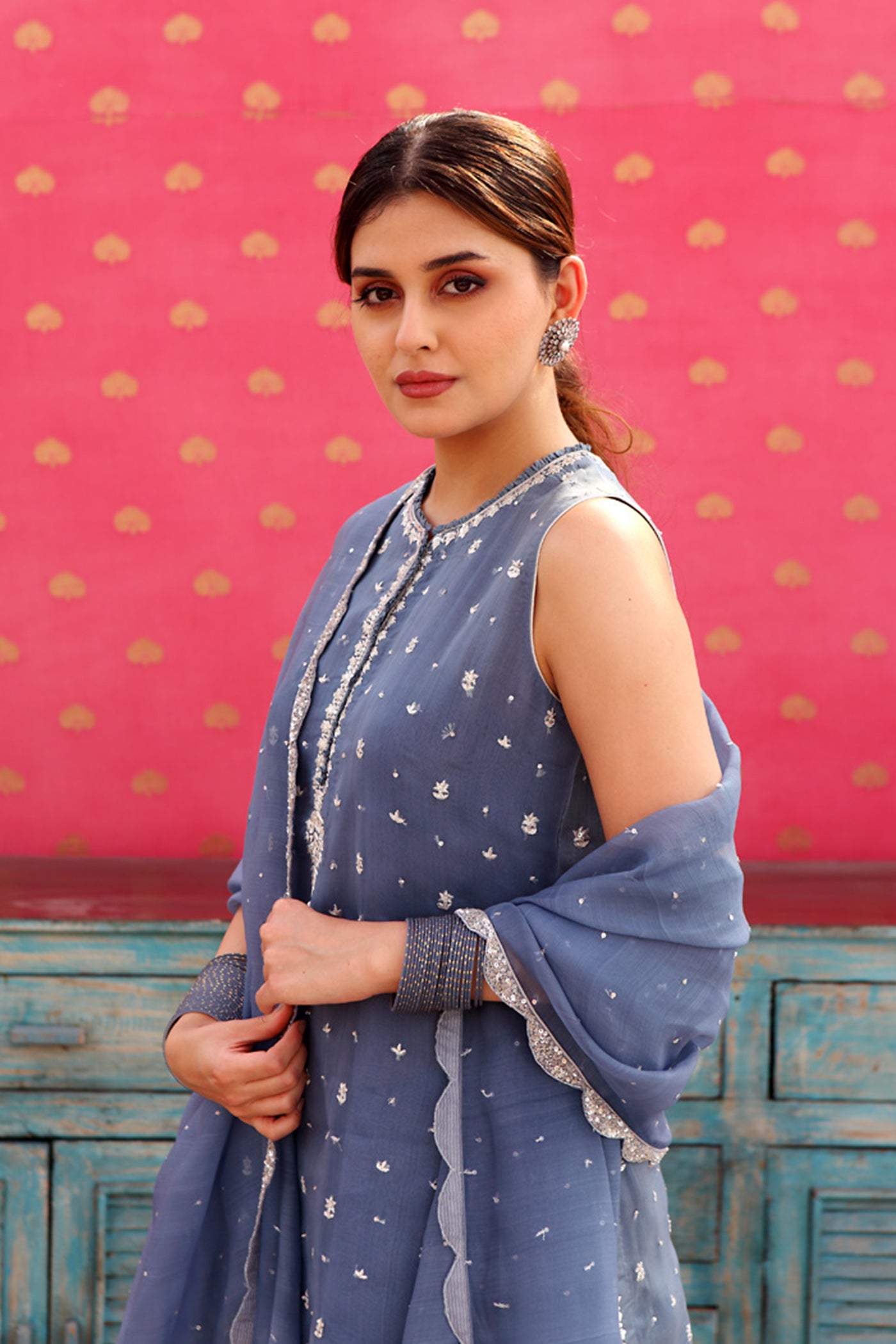 Hand-Embroidered Horizon-Blue Kurta-Sharara Set