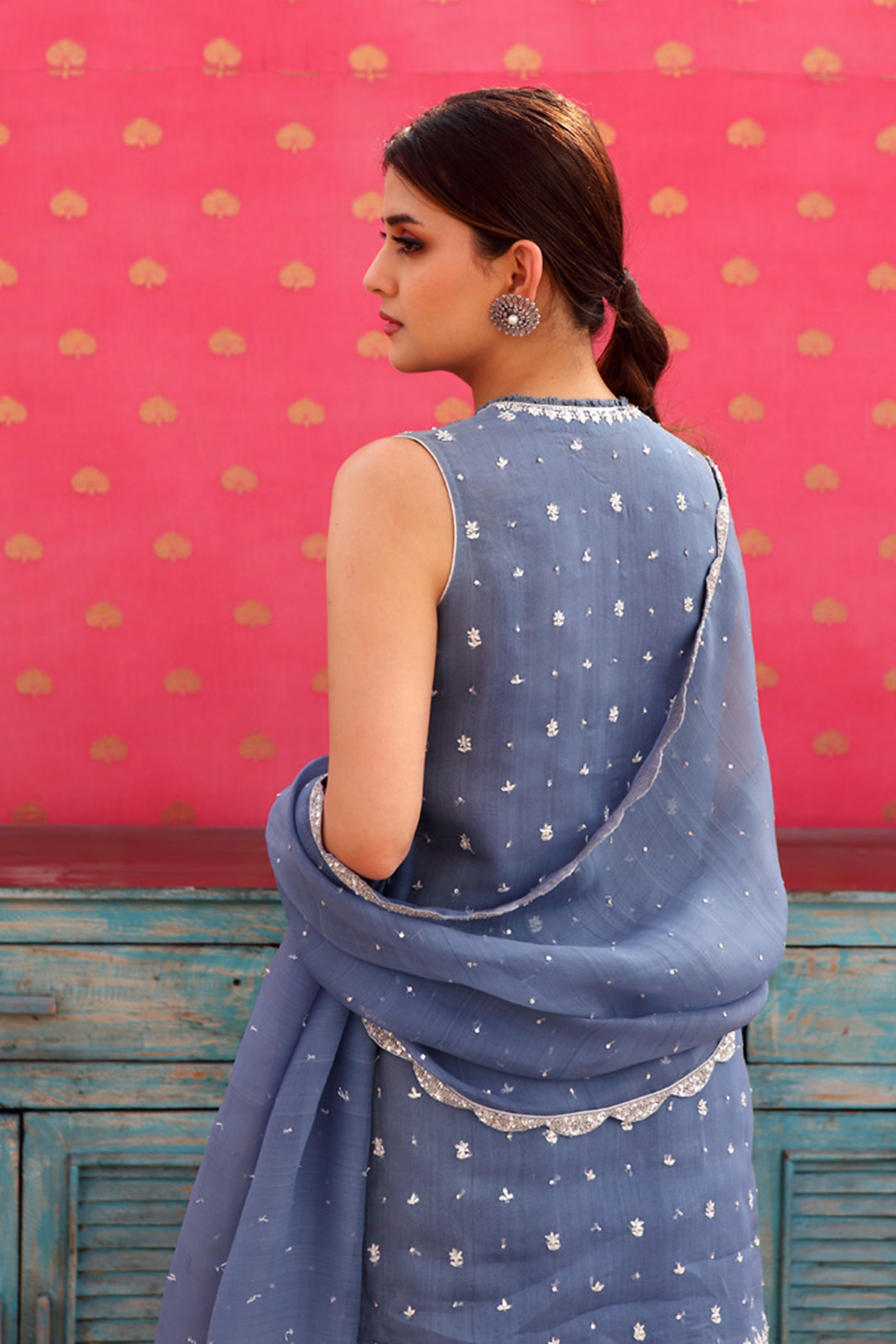 Hand-Embroidered Horizon-Blue Kurta-Sharara Set