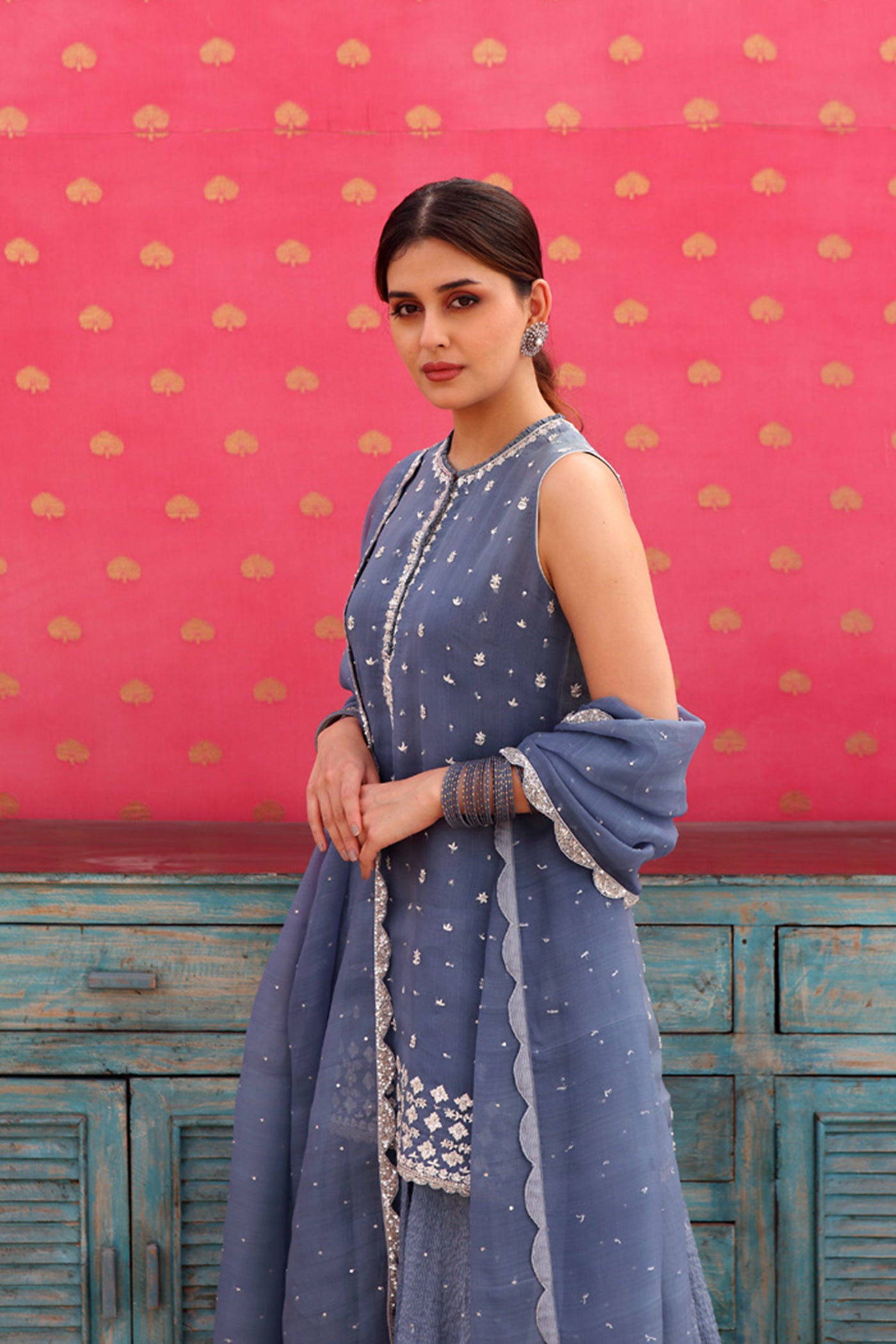 Hand-Embroidered Horizon-Blue Kurta-Sharara Set