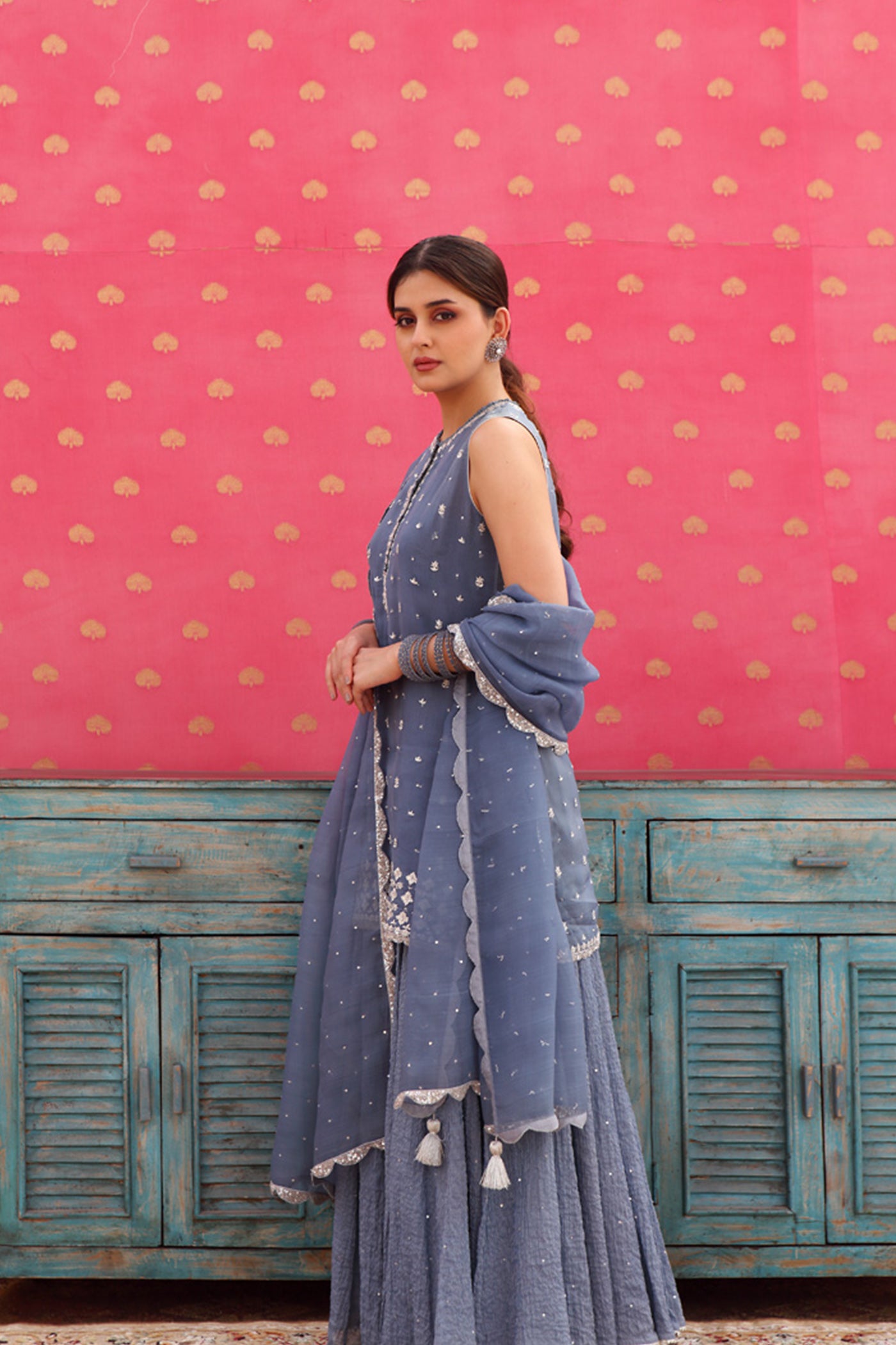 Hand-Embroidered Horizon-Blue Kurta-Sharara Set