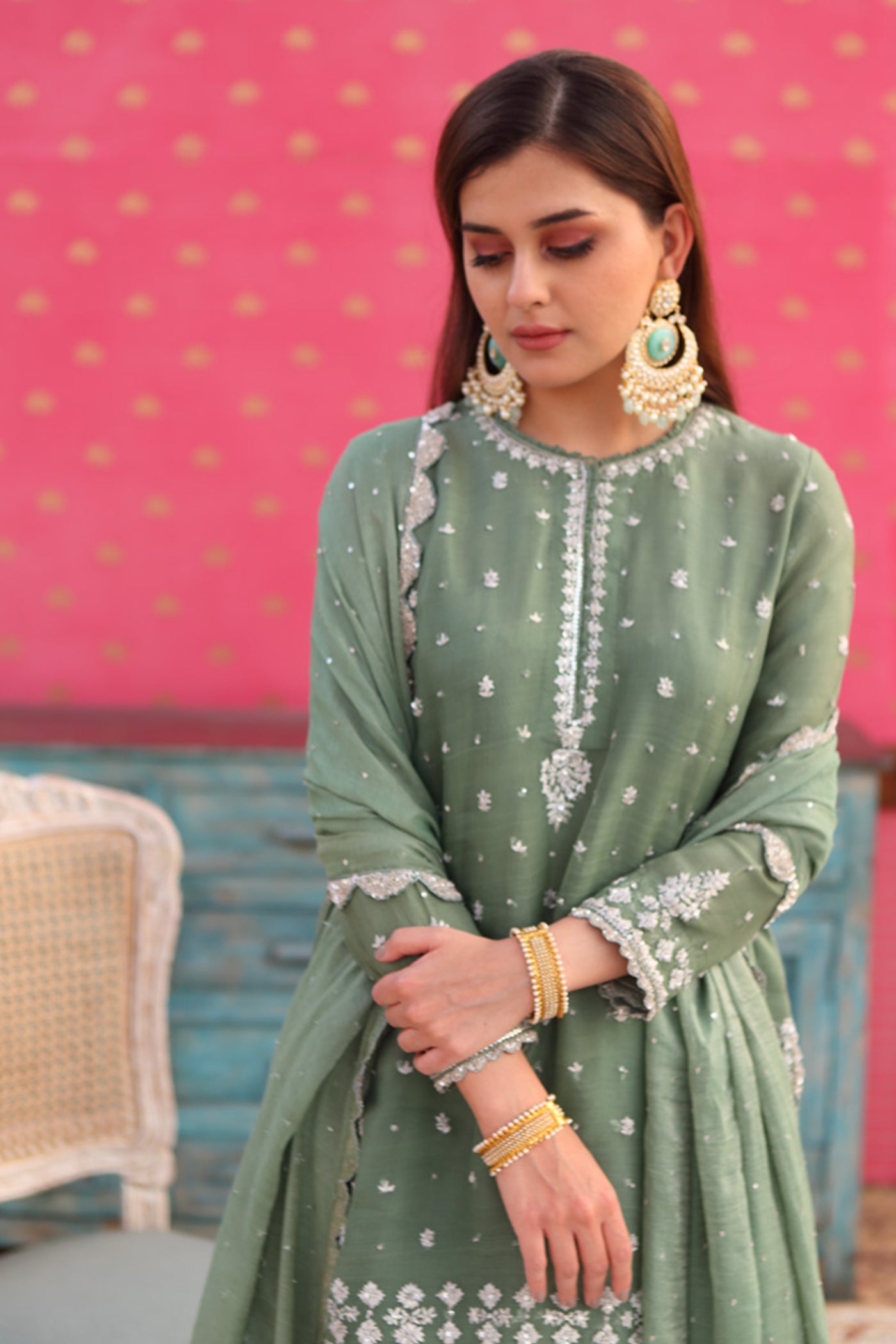 Hand-Embroidered Elm-Green Kurta-Sharara Set