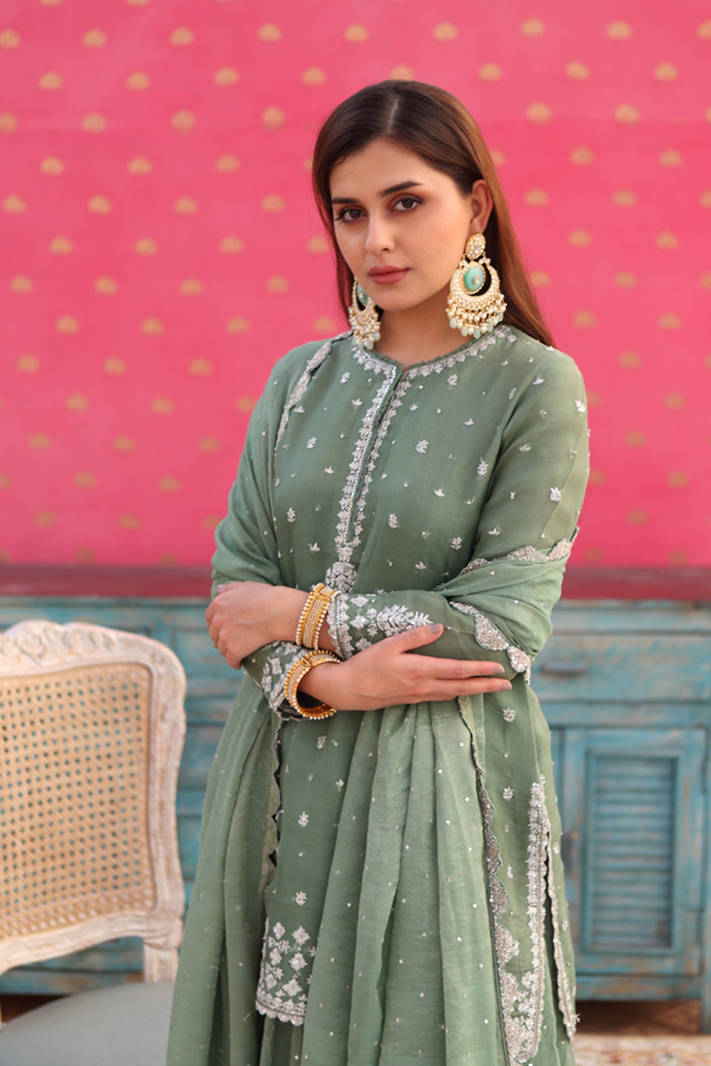 Hand-Embroidered Elm-Green Kurta-Sharara Set