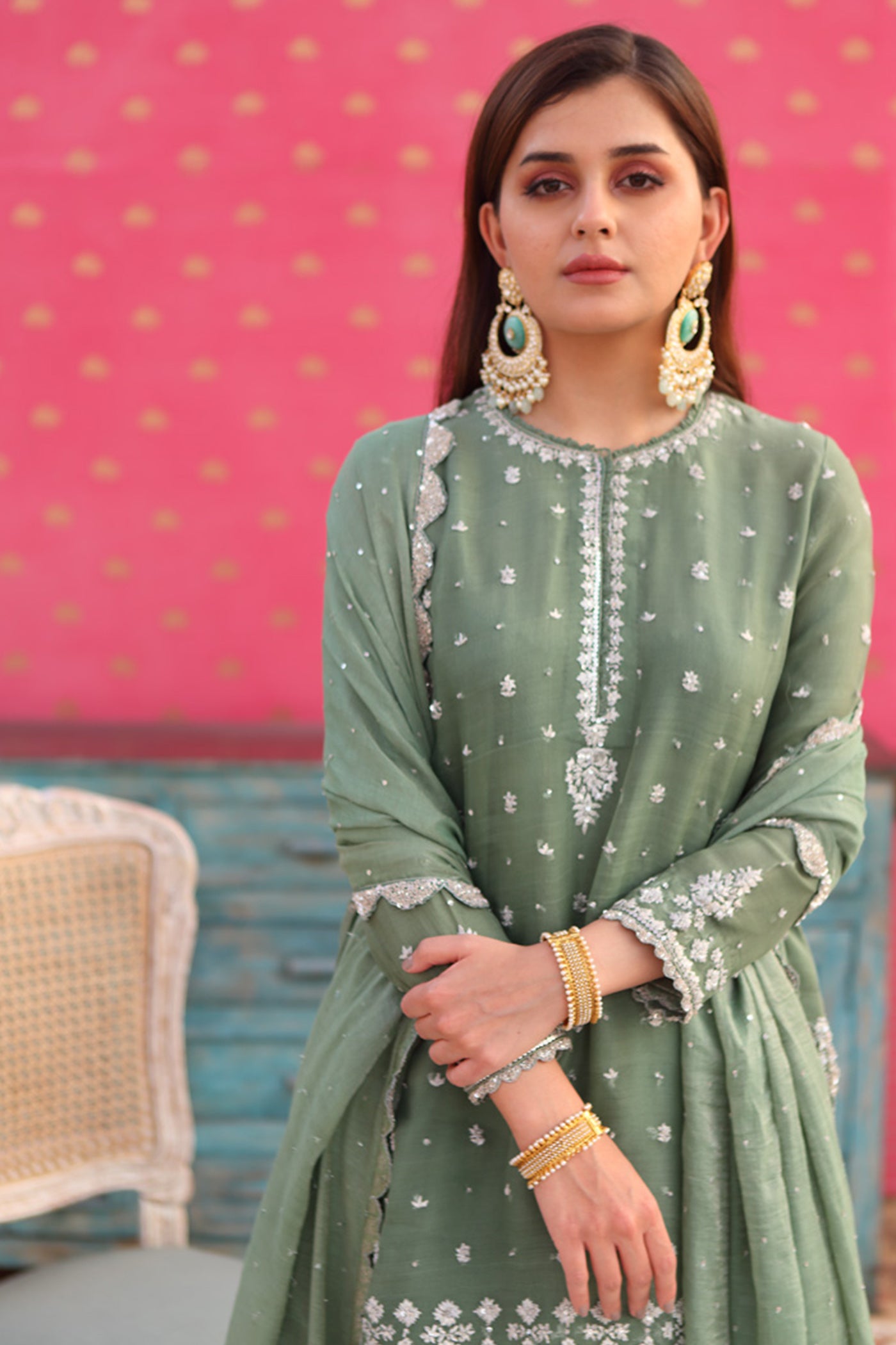 Hand-Embroidered Elm-Green Kurta-Sharara Set