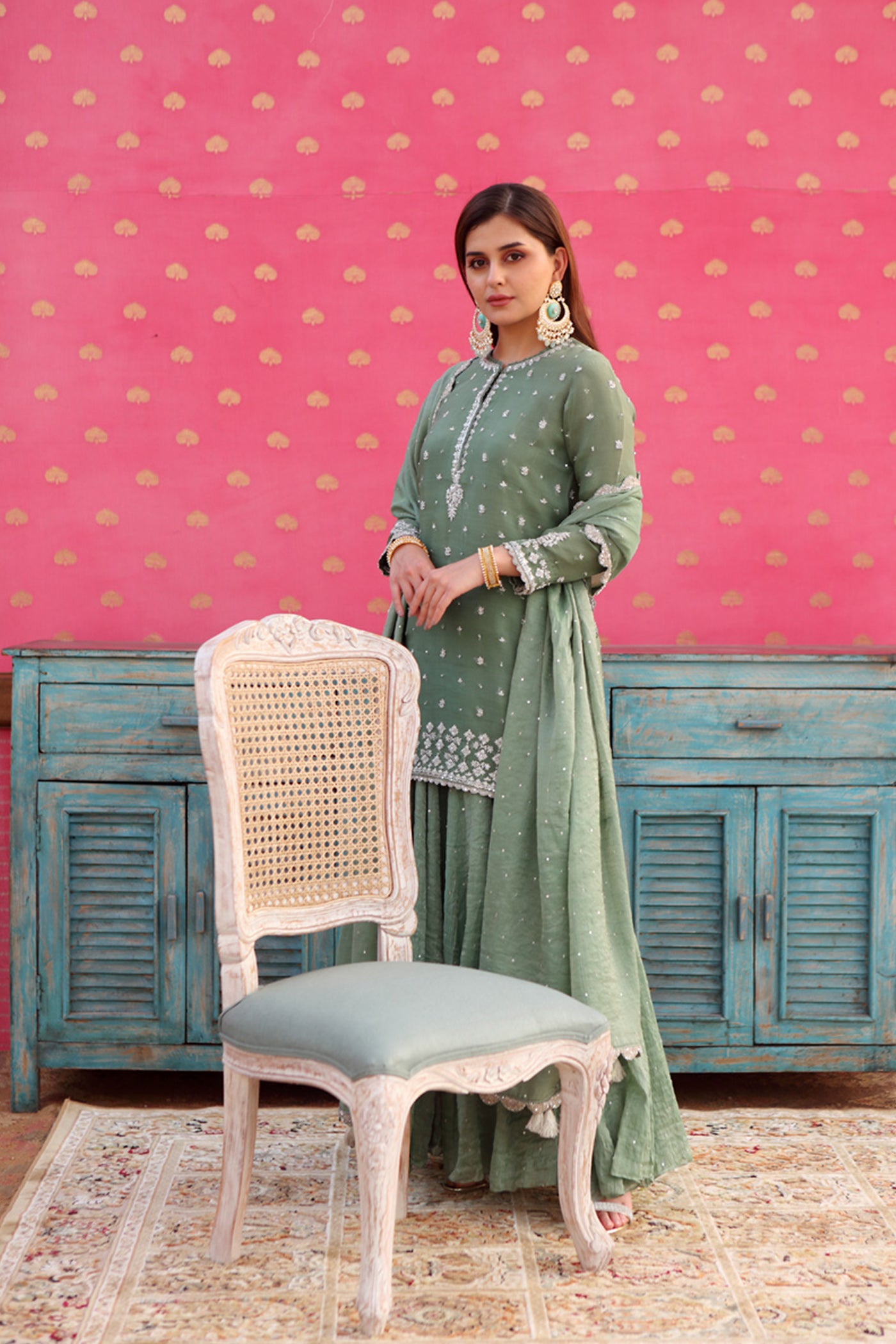 Hand-Embroidered Elm-Green Kurta-Sharara Set