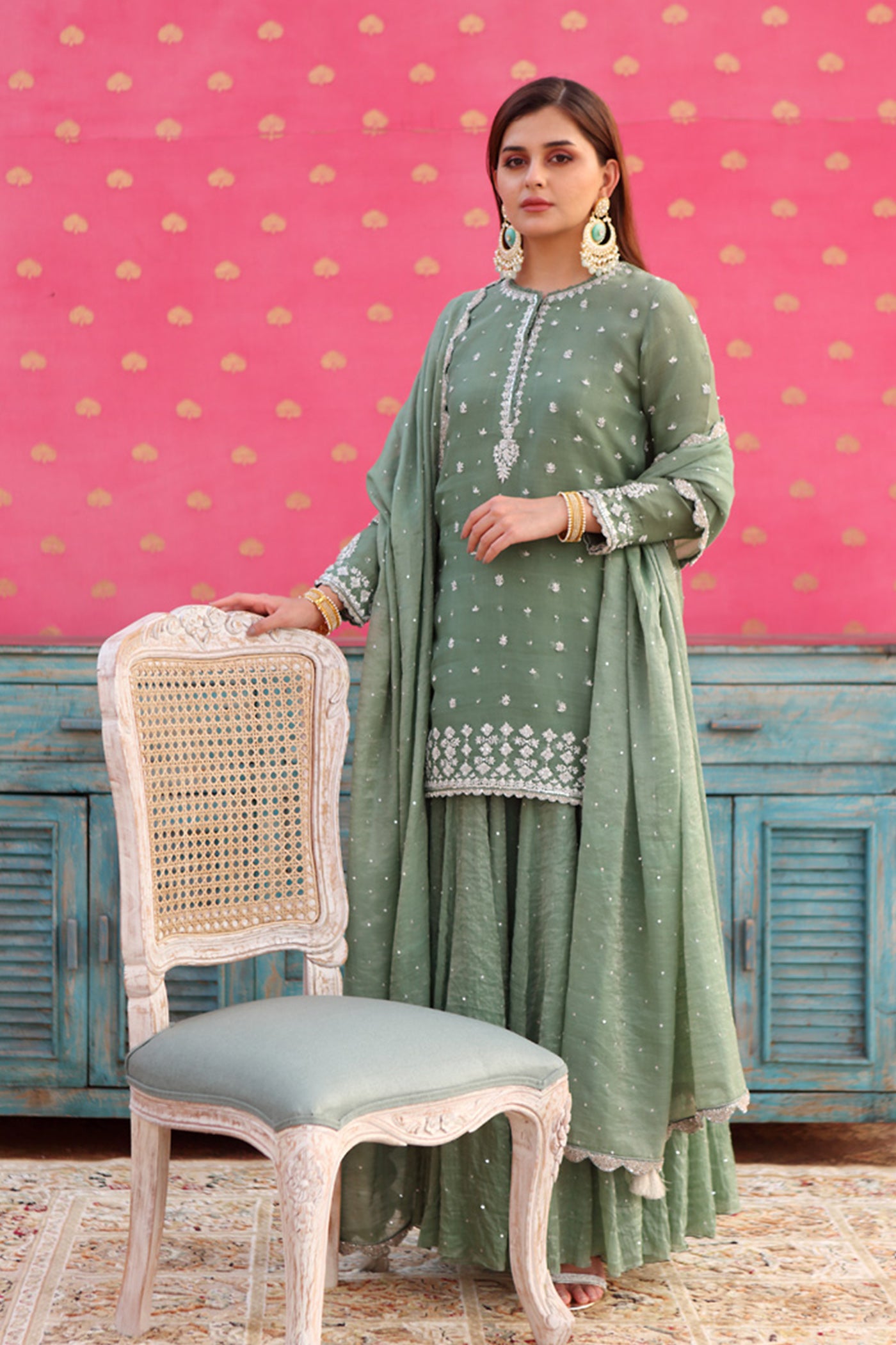 Hand-Embroidered Elm-Green Kurta-Sharara Set