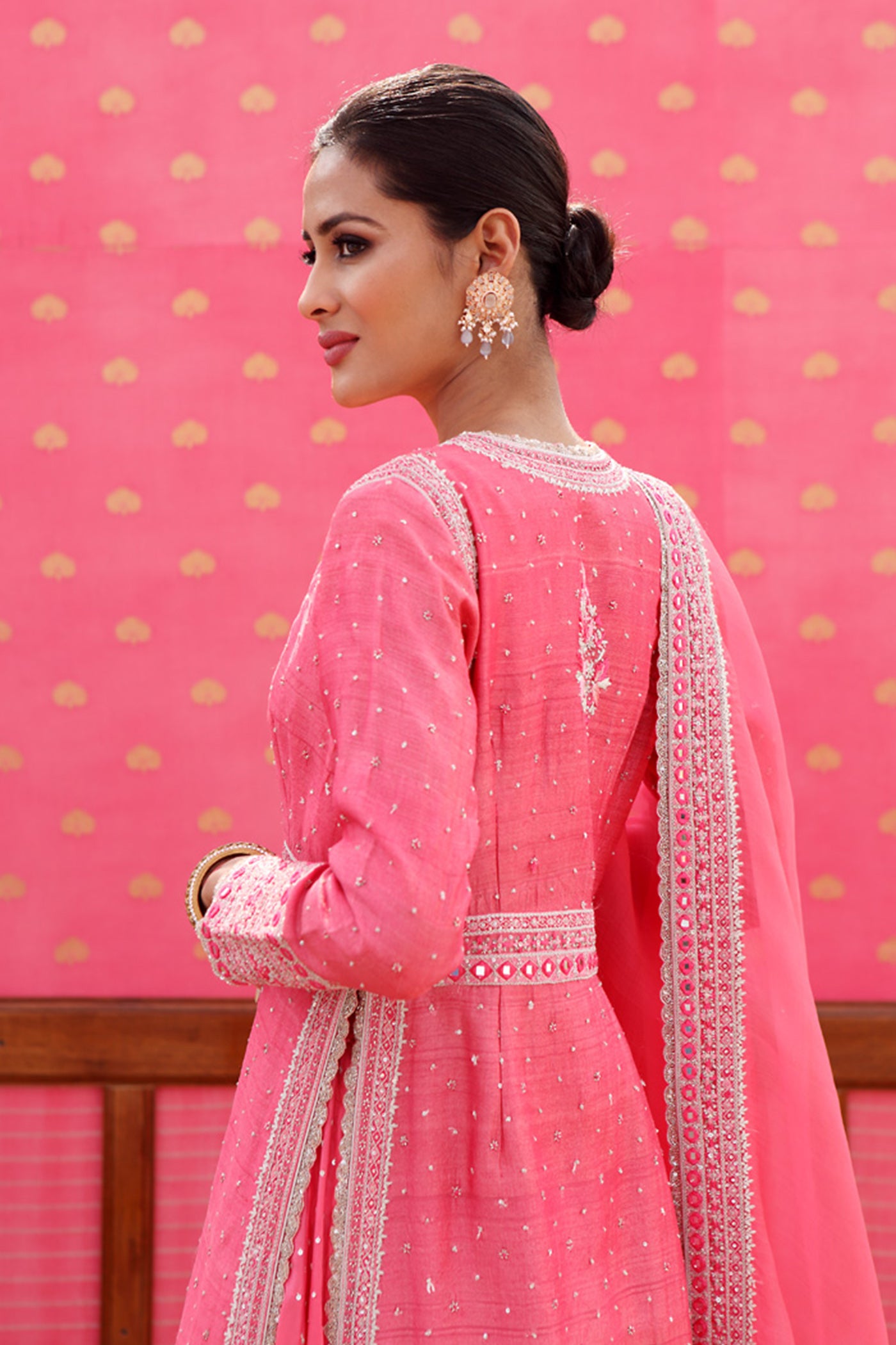 Hand-Embroidered Candy-Pink Jacket-Skirt Set