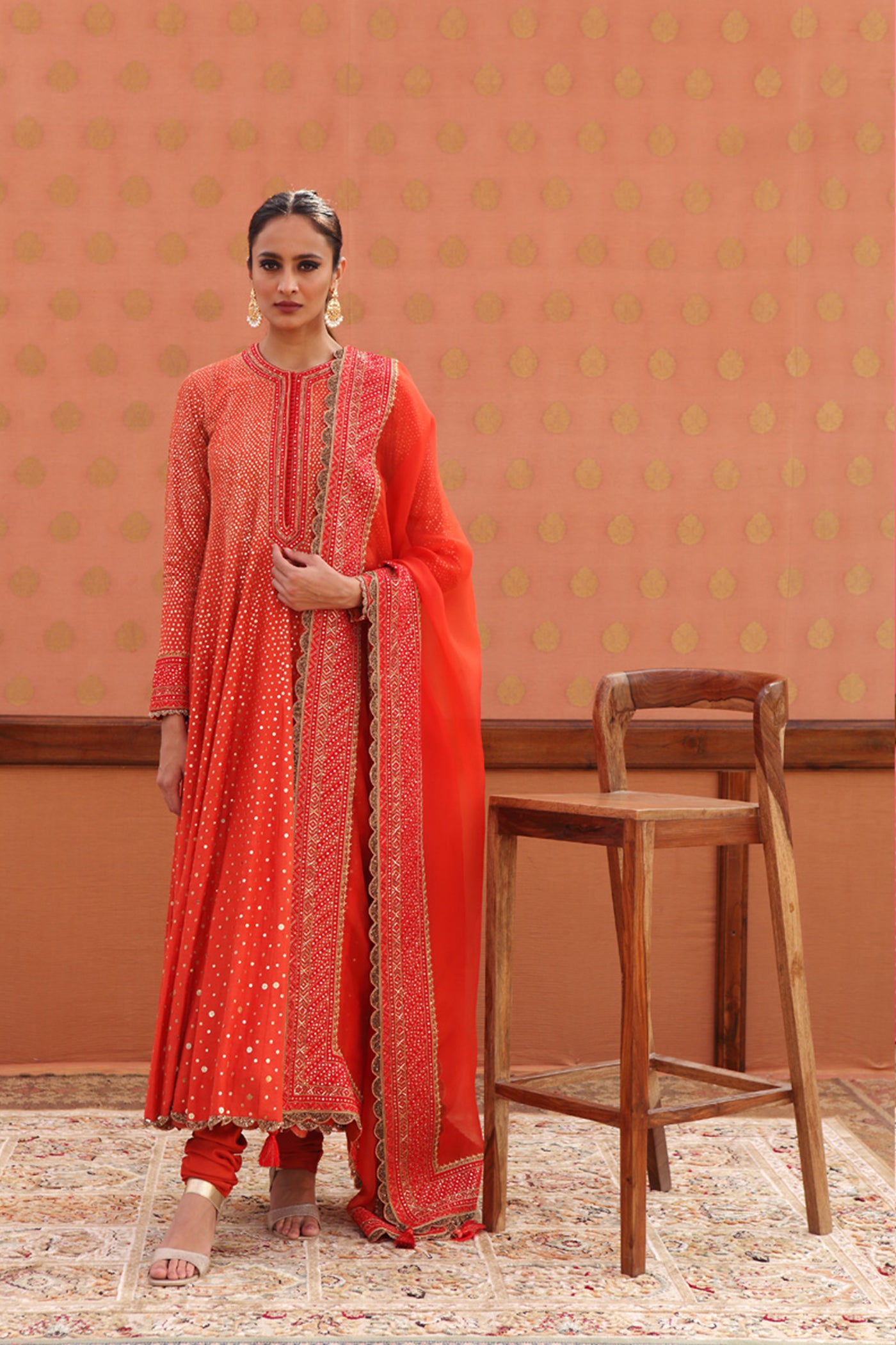 Hand-Embroidered Sinduri-Red Pure Muga-Silk Anarkali-Churidaar Set