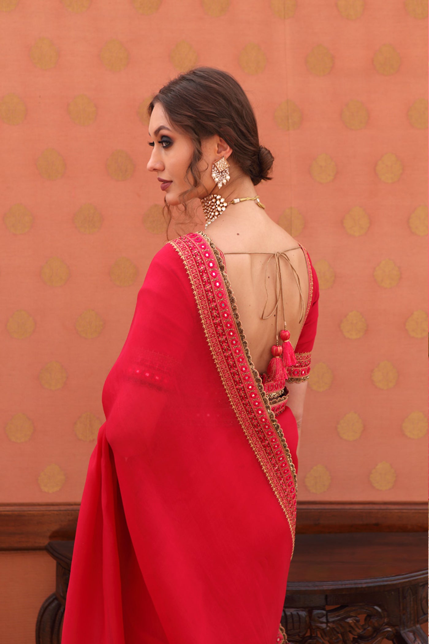 Hand-Embroidered Crimson-Red Pure Silk-Organza Saree-Blouse Set