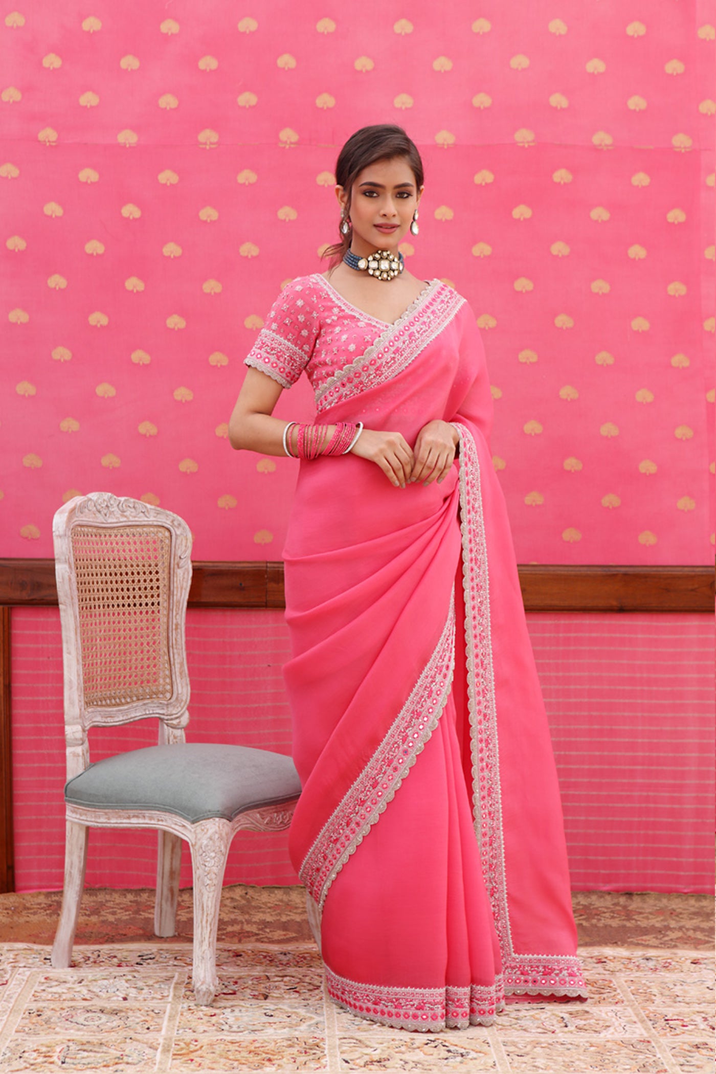 Hand-Embroidered Candy-Pink Pure Silk- Organza Saree-Blouse Set