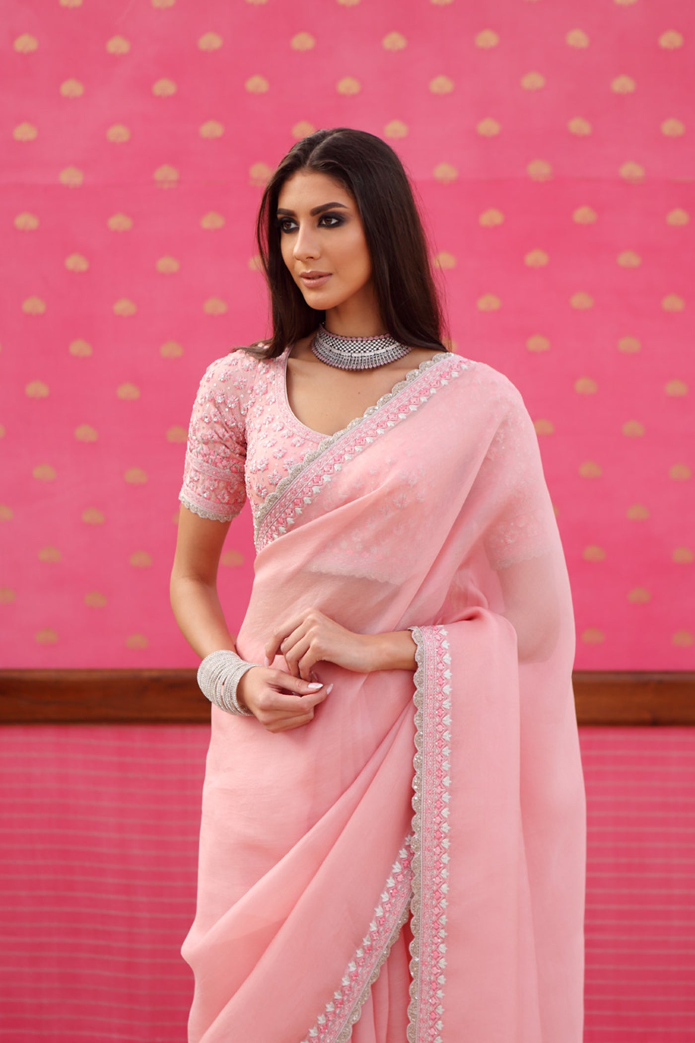 Hand-Embroidered Light-Pink Pure Silk-Organza Saree-Blouse Set