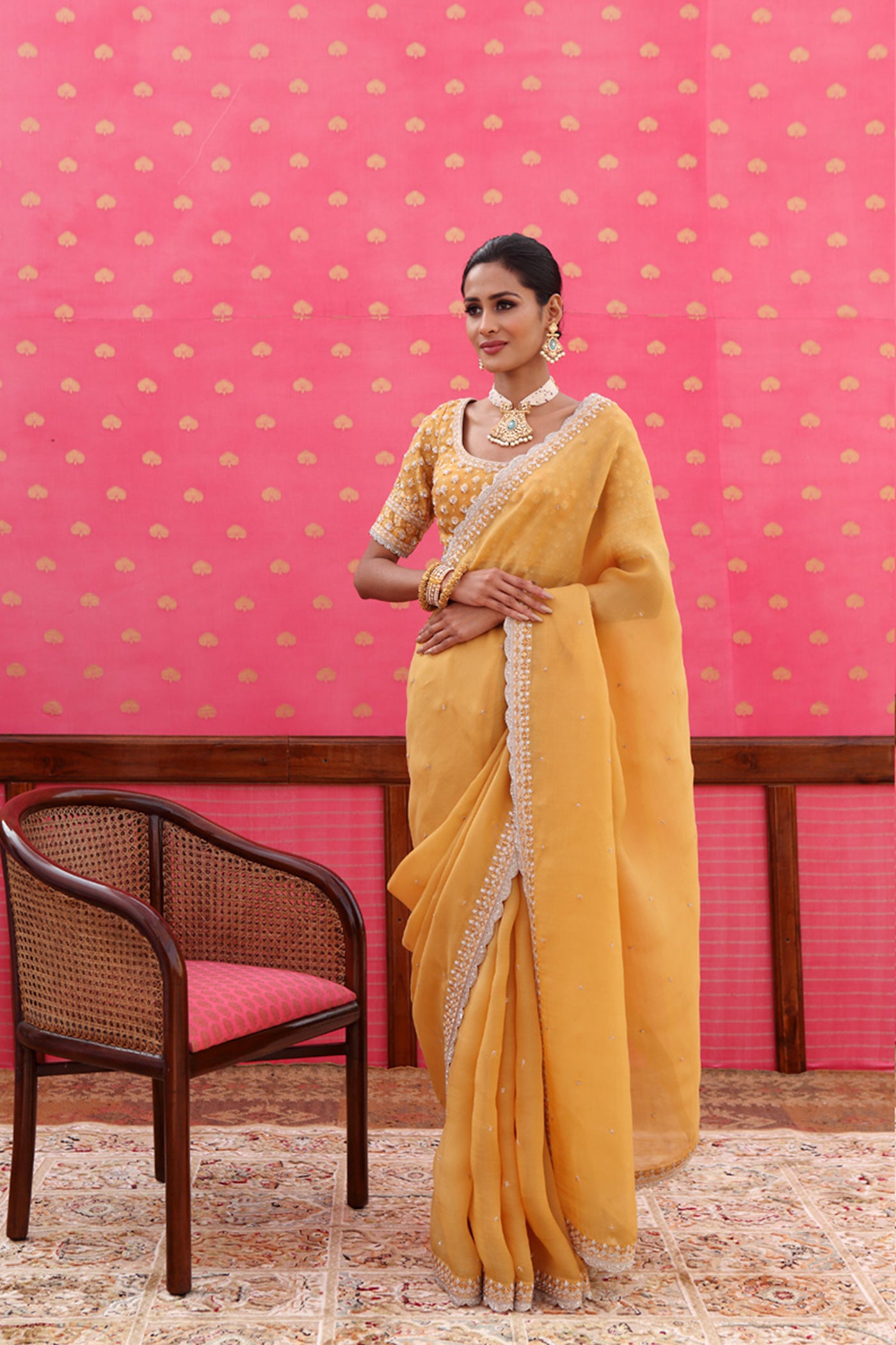 Hand-Embroidered Mango Gold-Yellow Saree-Blouse Set