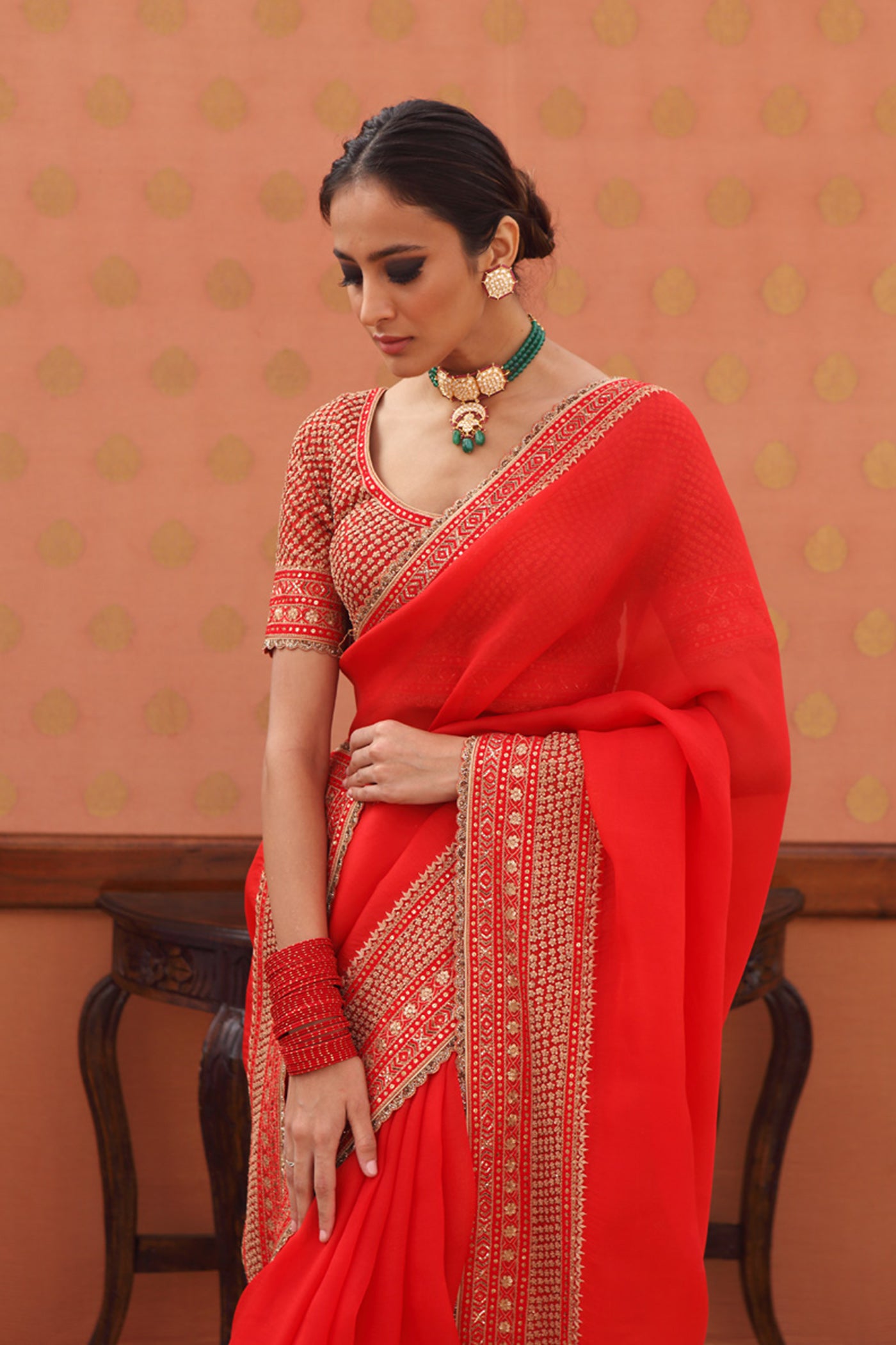 Hand-Embroidered Sinduri-Red Pure Silk-Organza Saree-Blouse Set