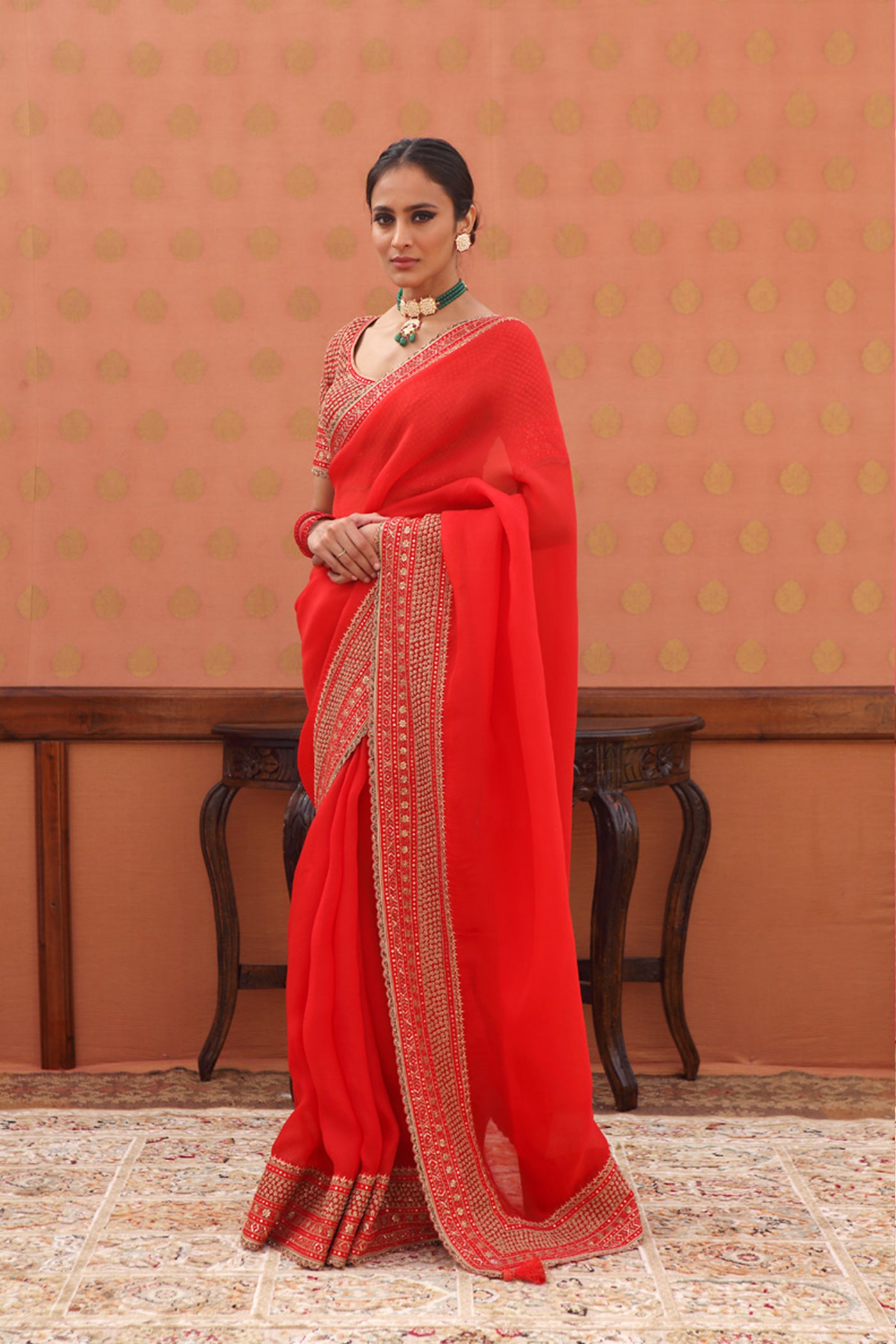 Hand-Embroidered Sinduri-Red Pure Silk-Organza Saree-Blouse Set
