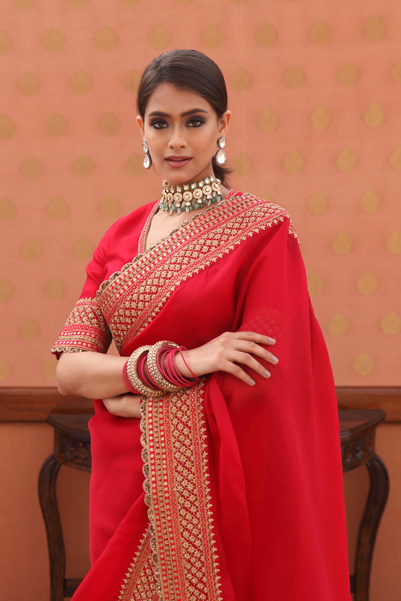 Hand-Embroidered Tango-Red Pure Silk- Organza Saree-Blouse Set