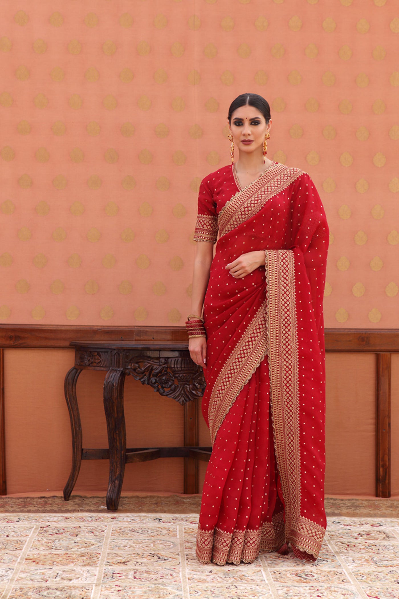Hand-Embroidered Dahlia-Red Pure Silk-Organza Saree-Blouse Set