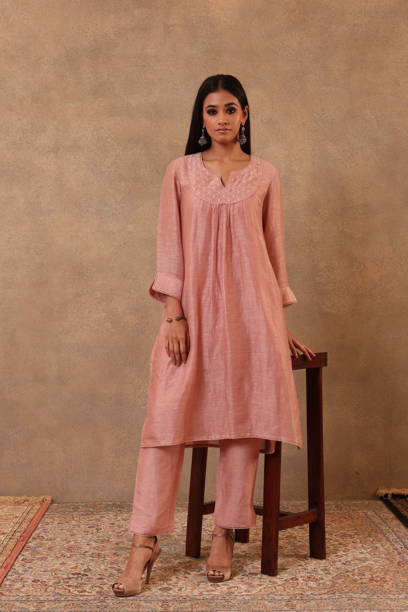 Old-Rose Co-Ord Set: Pure Silk-Linen Long Tunic Paired With Linen Blend (Viscose) Trousers