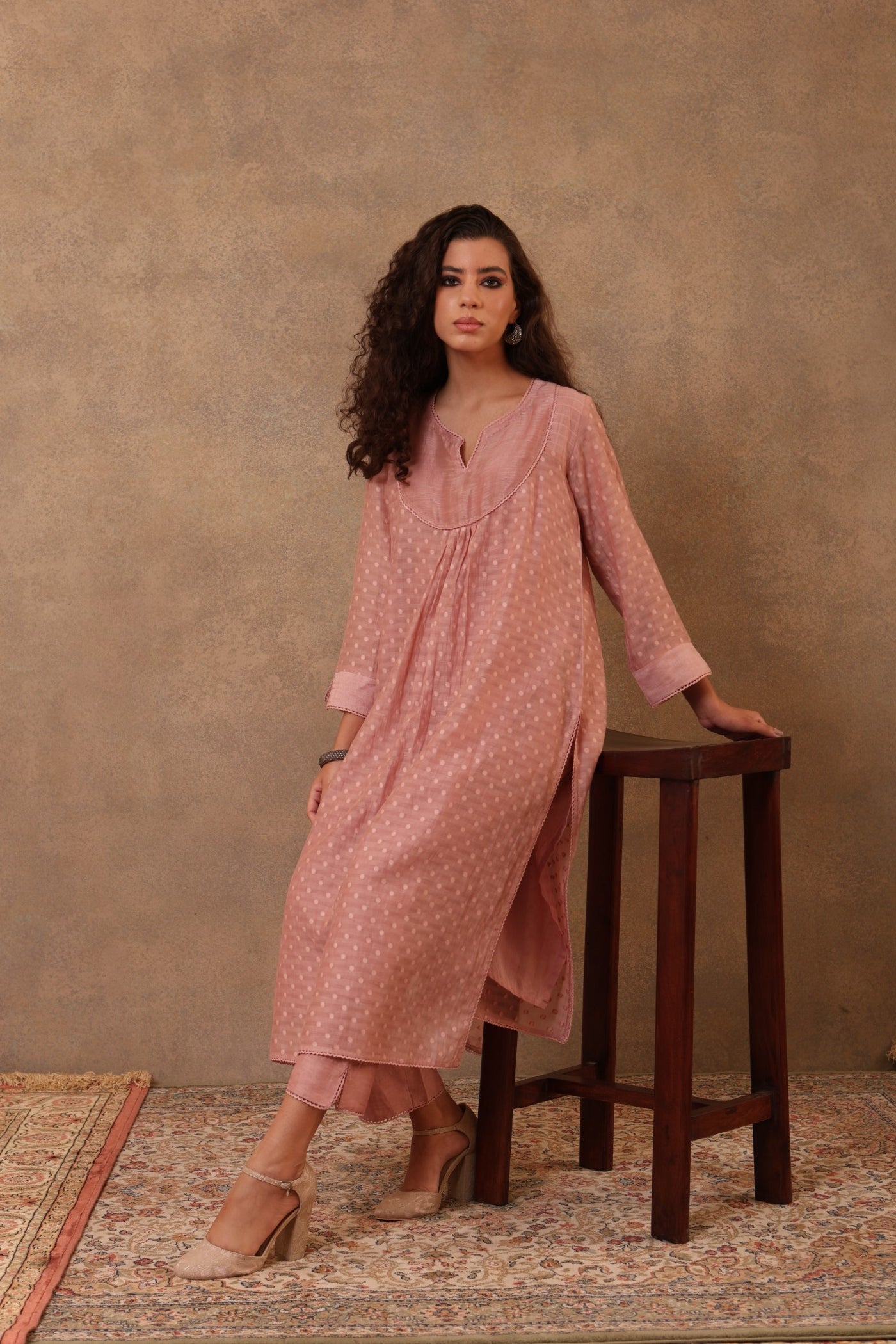 Old-Rose Co-Ord Set: Pure Silk-Cotton With Polka Dots Long Tunic Paired With Linen Blend (Viscose) Trousers