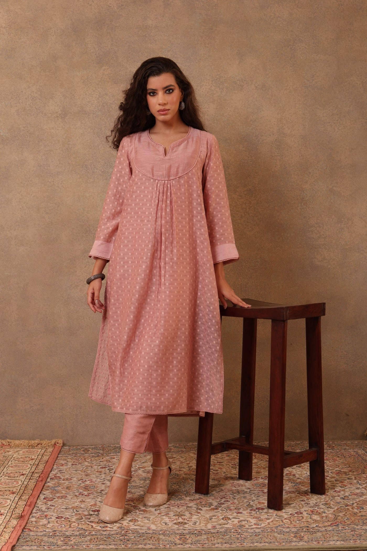 Old-Rose Co-Ord Set: Pure Silk-Cotton With Polka Dots Long Tunic Paired With Linen Blend (Viscose) Trousers