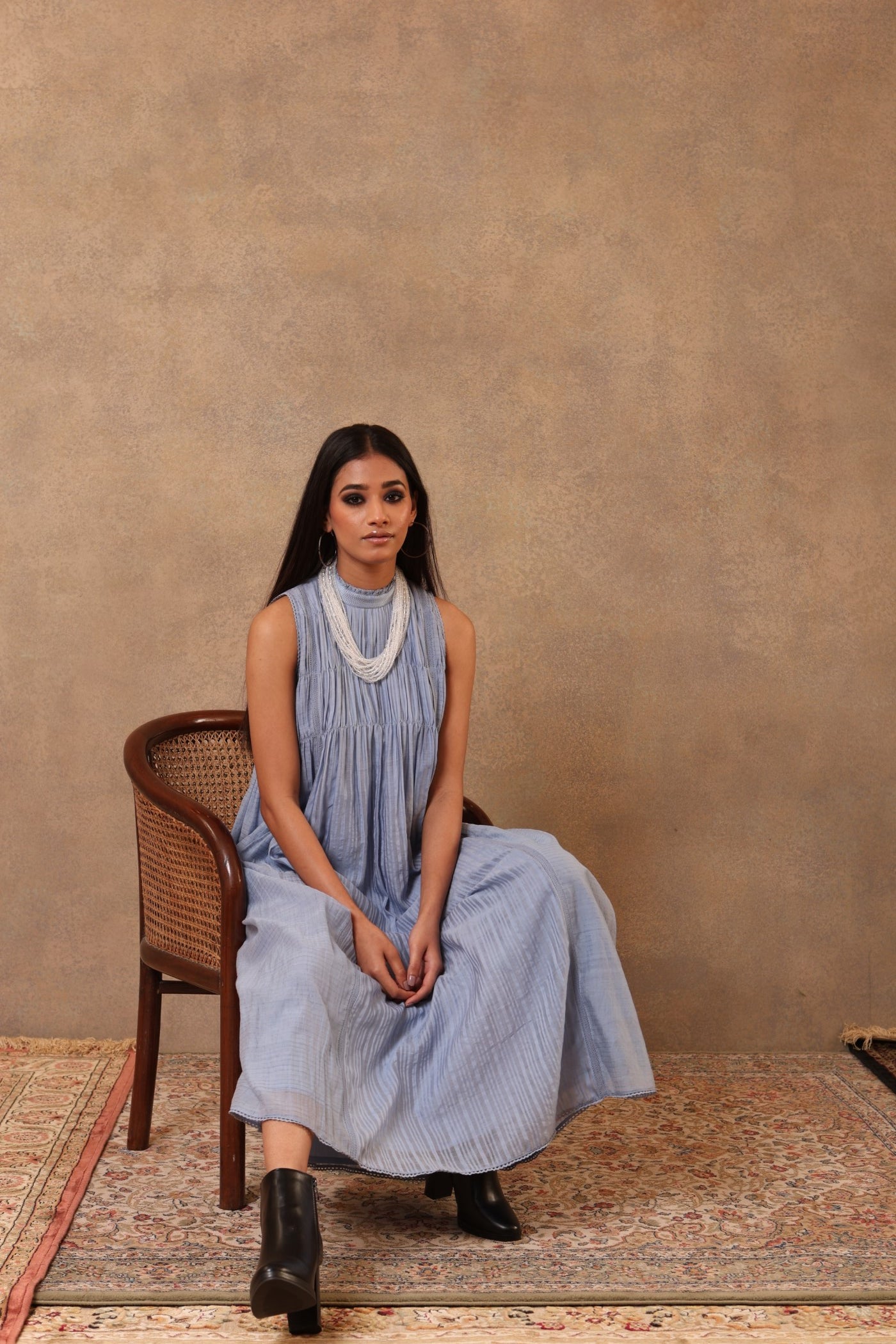 Serenity-Blue Handloom Pure Cotton Sleeveless Gathered Long Dress With Frills & Threadwork Detail