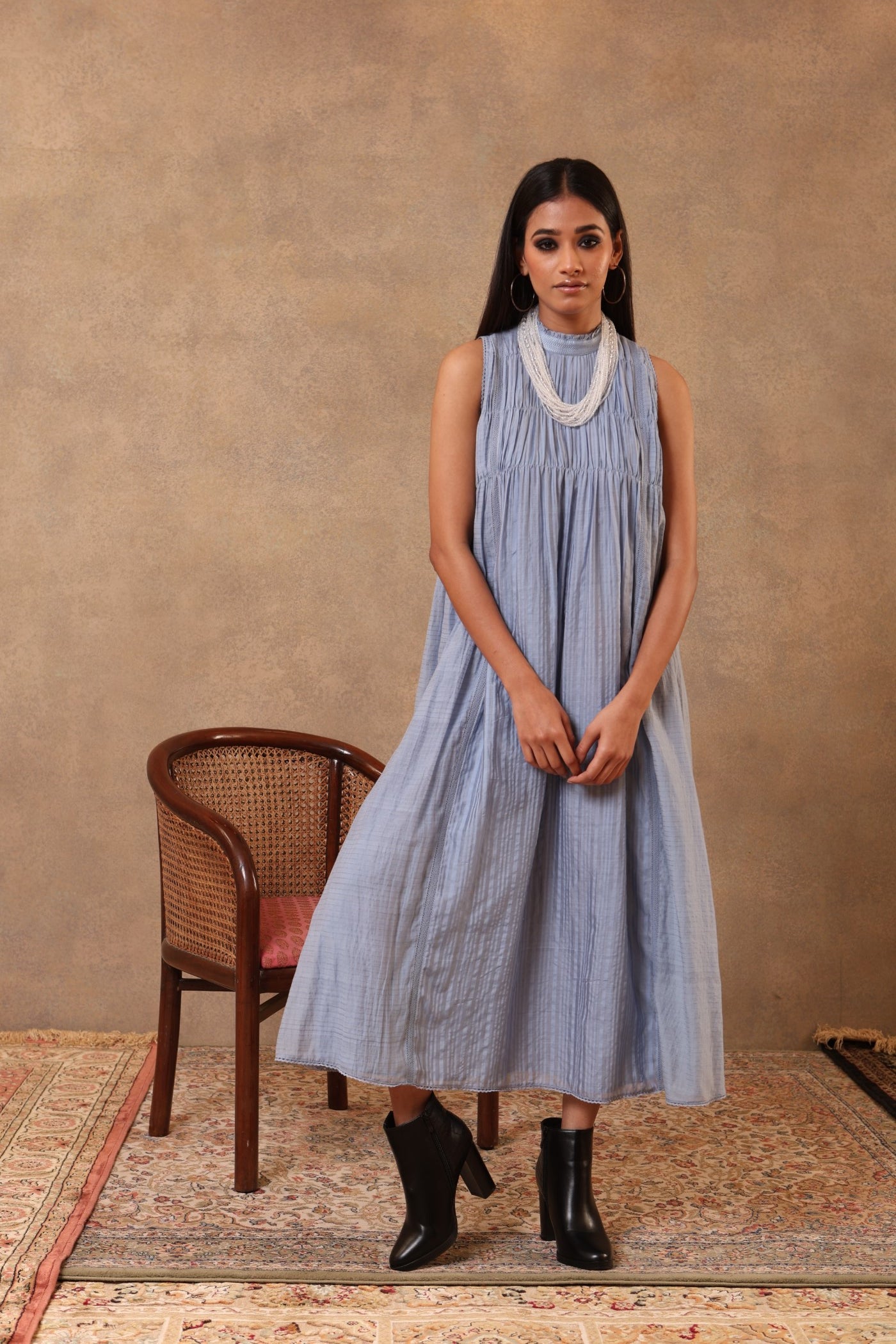 Serenity-Blue Handloom Pure Cotton Sleeveless Gathered Long Dress With Frills & Threadwork Detail