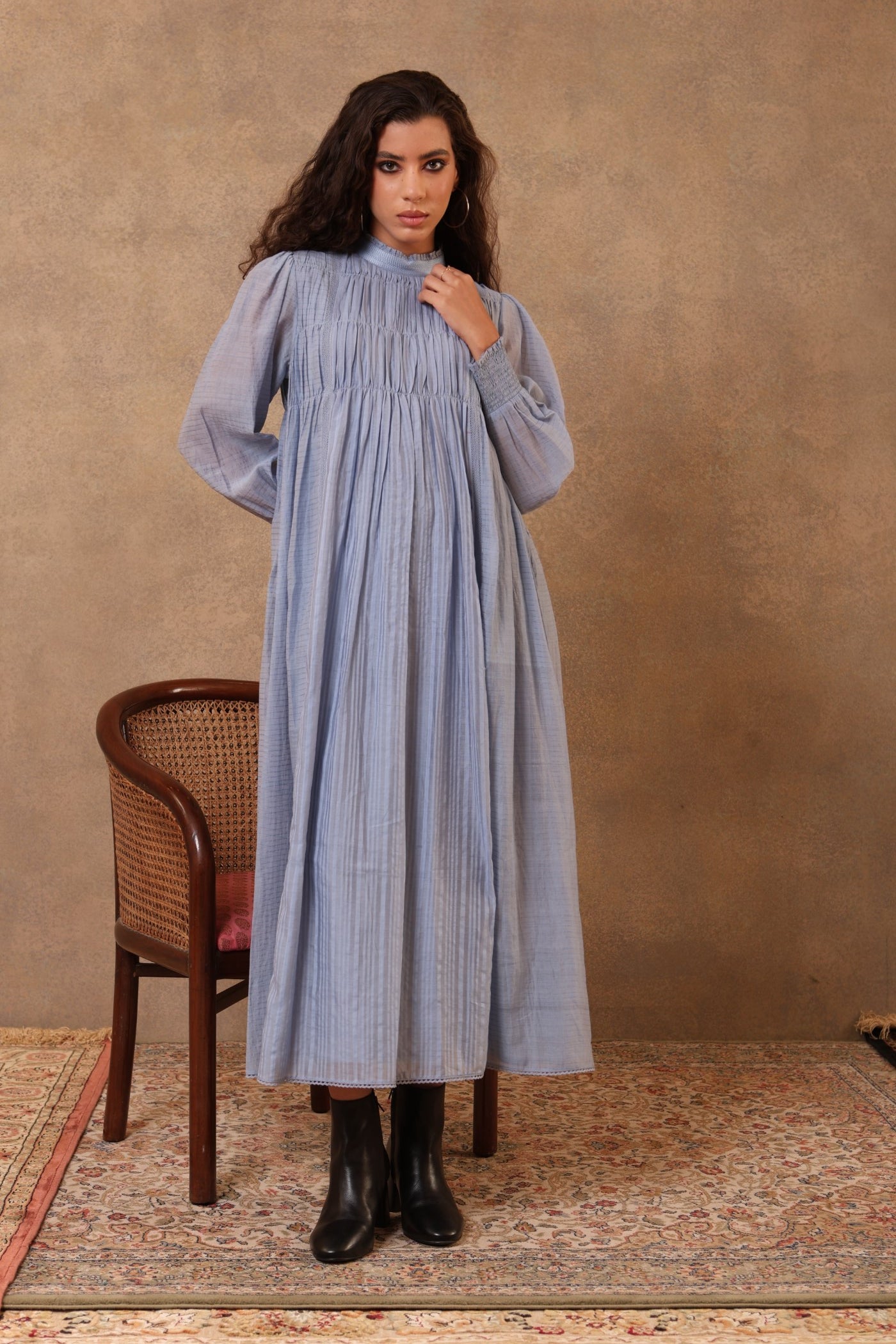 Serenity-Blue Handloom Pure Cotton Gathered Long Dress With Frills & Threadwork Detail
