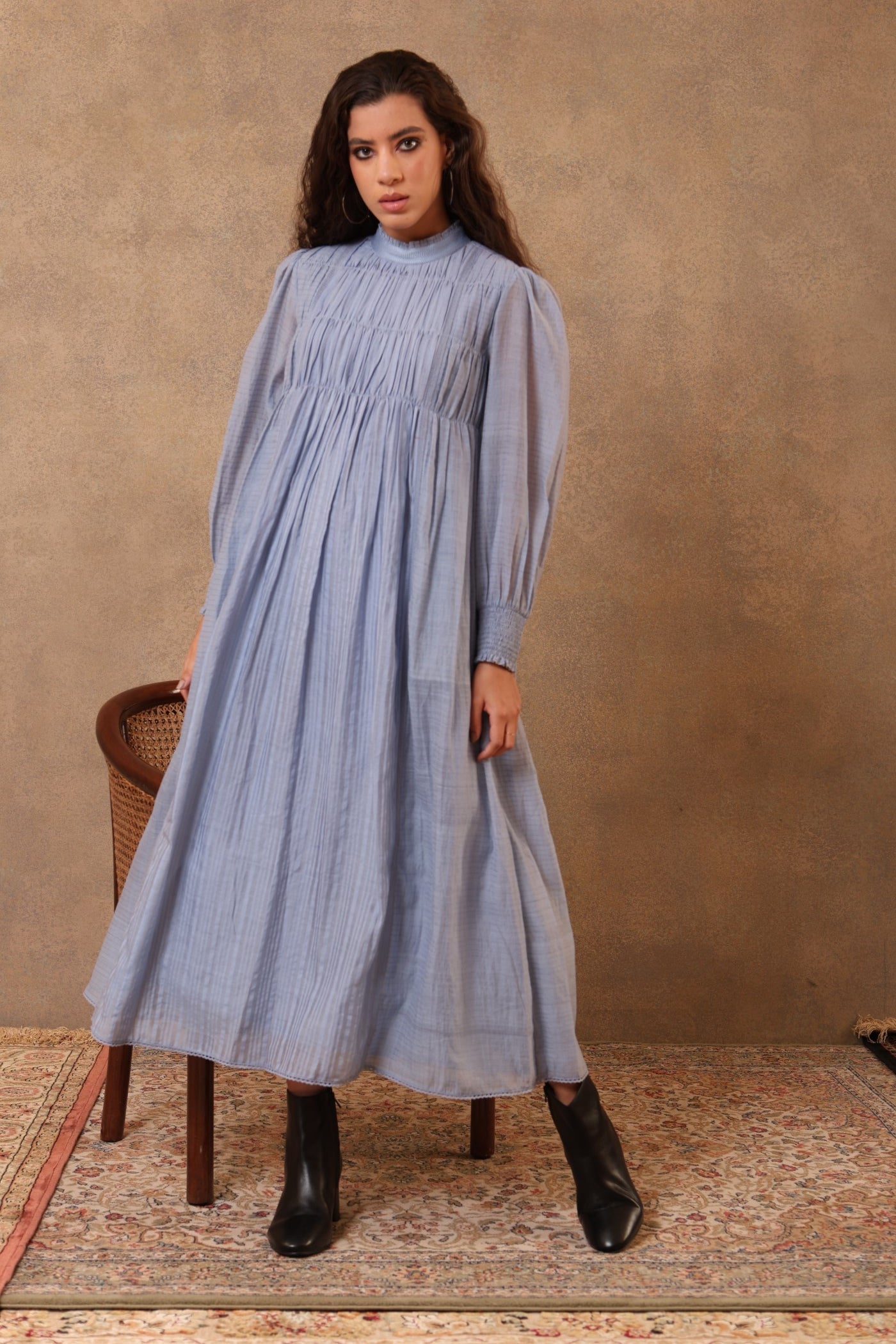 Serenity-Blue Handloom Pure Cotton Gathered Long Dress With Frills & Threadwork Detail