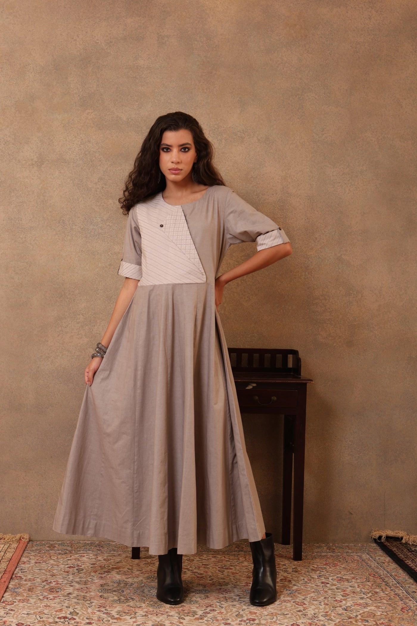 Grey & Light-Grey Pure Linen-Cotton Long Dress With Threadwork Detail & Upturned Cuffs