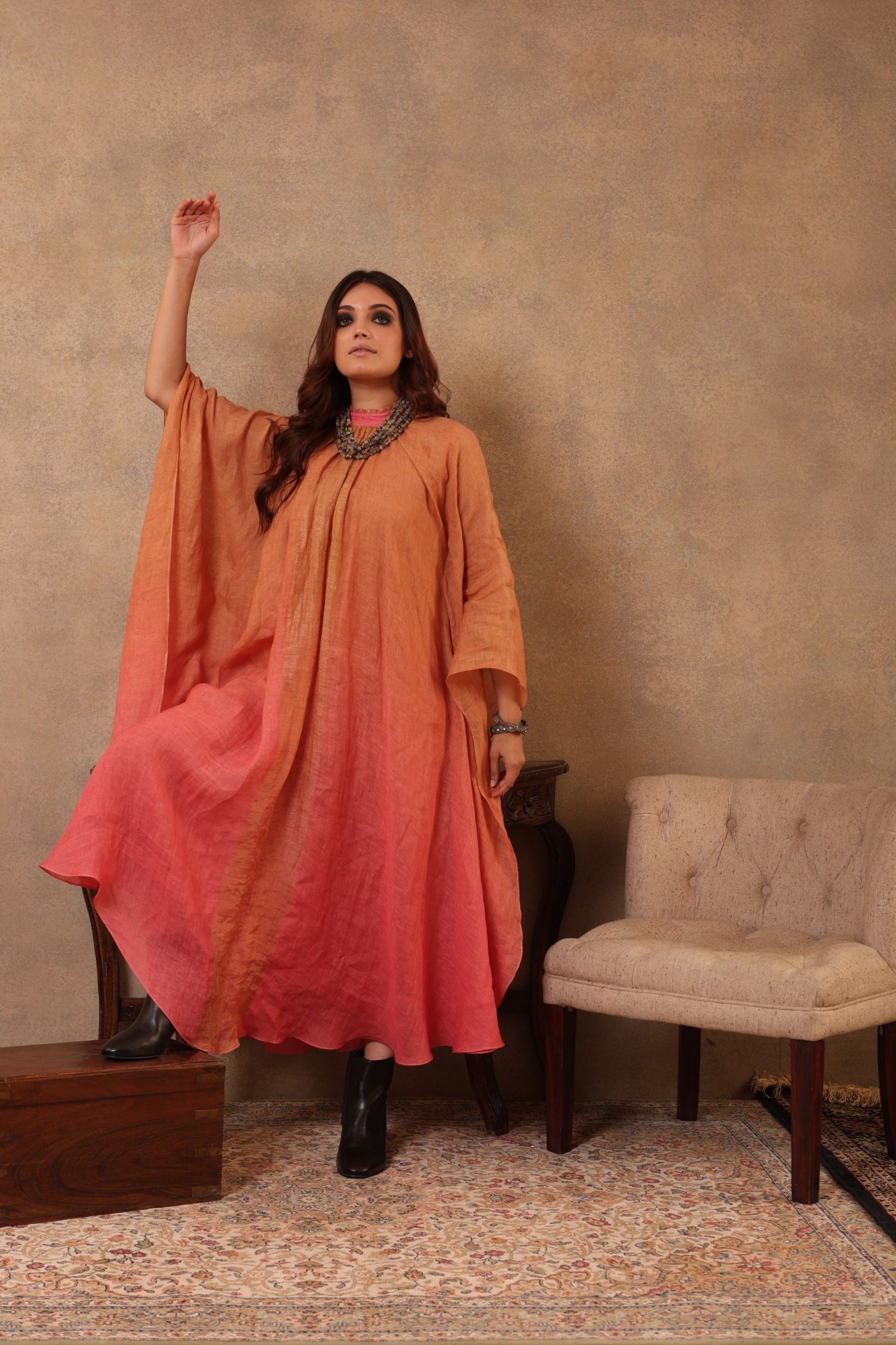 Peach-Pink Ombre Dyed Handloom Pure Linen Gathered Long Dress With Frills