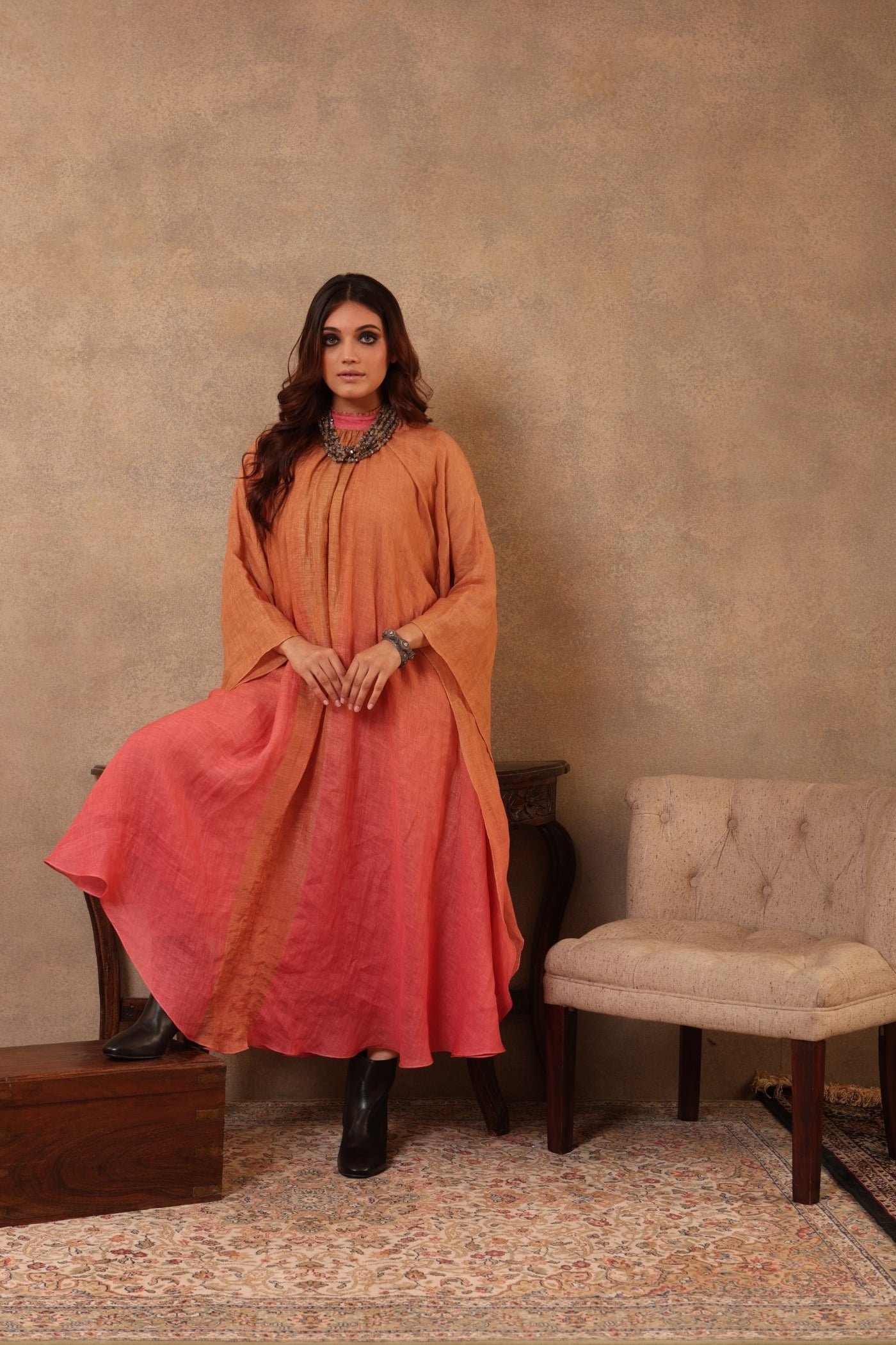 Peach-Pink Ombre Dyed Handloom Pure Linen Gathered Long Dress With Frills