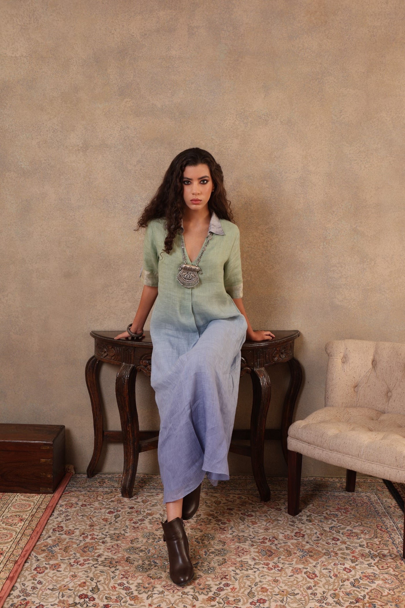 Green-Blue Ombre Dyed Handloom Pure Linen Collared Long Dress With Short Sleeves