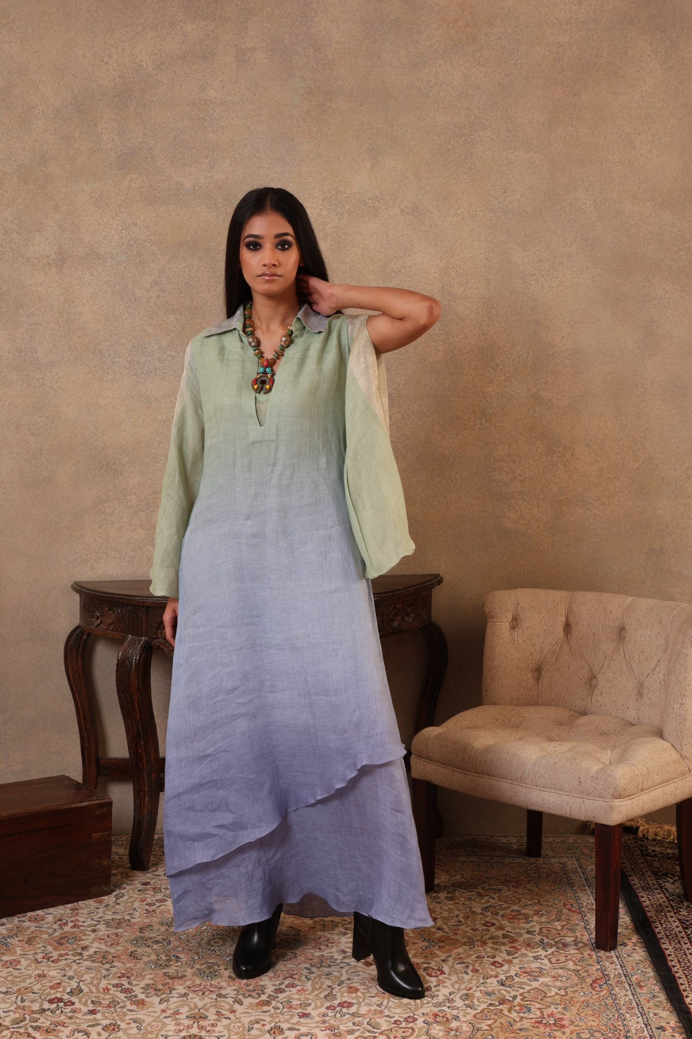 Green-Blue Ombre Dyed Handloom Pure Linen Double-Layered Collared Long Dress With Full Sleeves