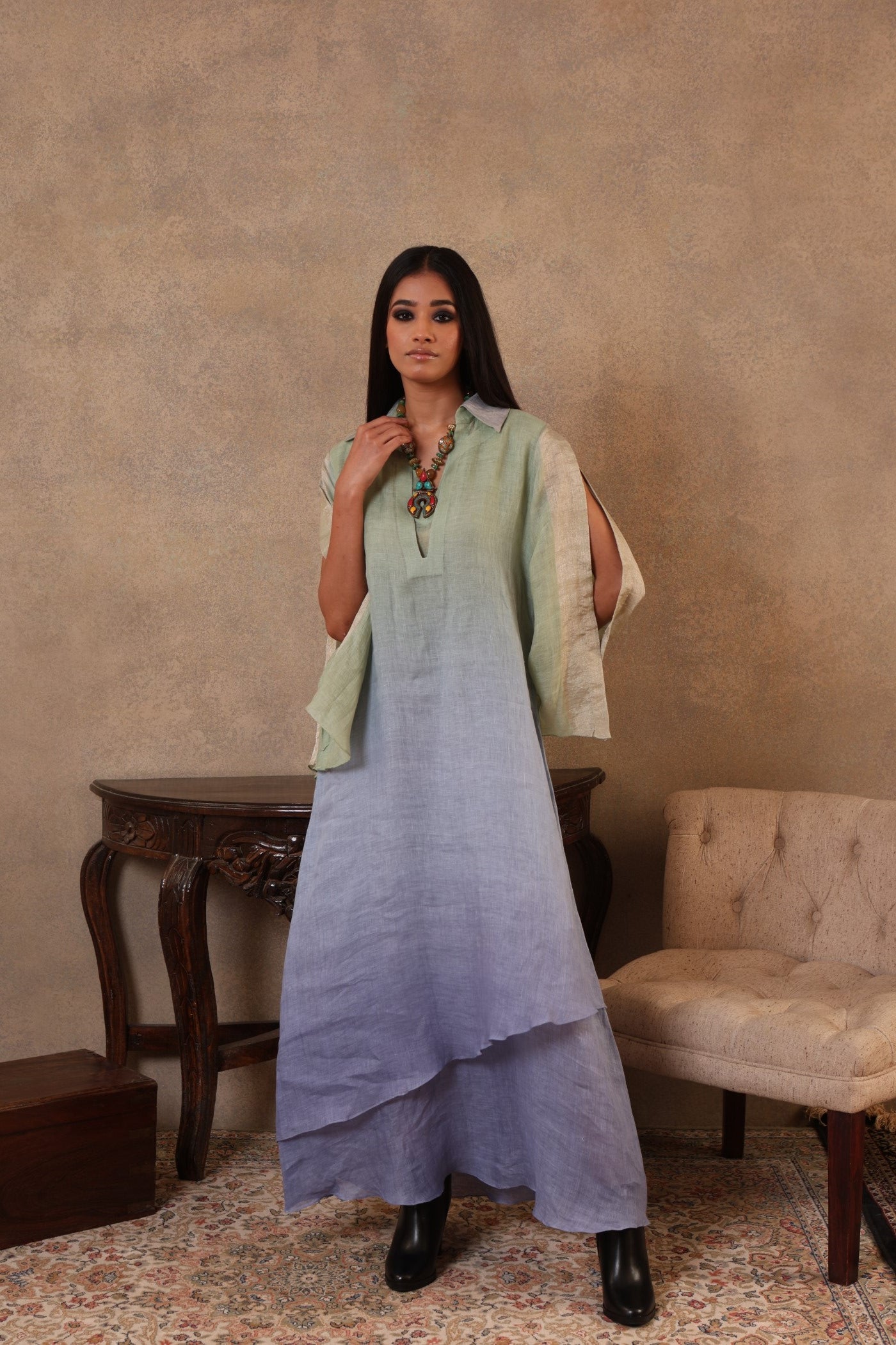 Green-Blue Ombre Dyed Handloom Pure Linen Double-Layered Collared Long Dress With Full Sleeves