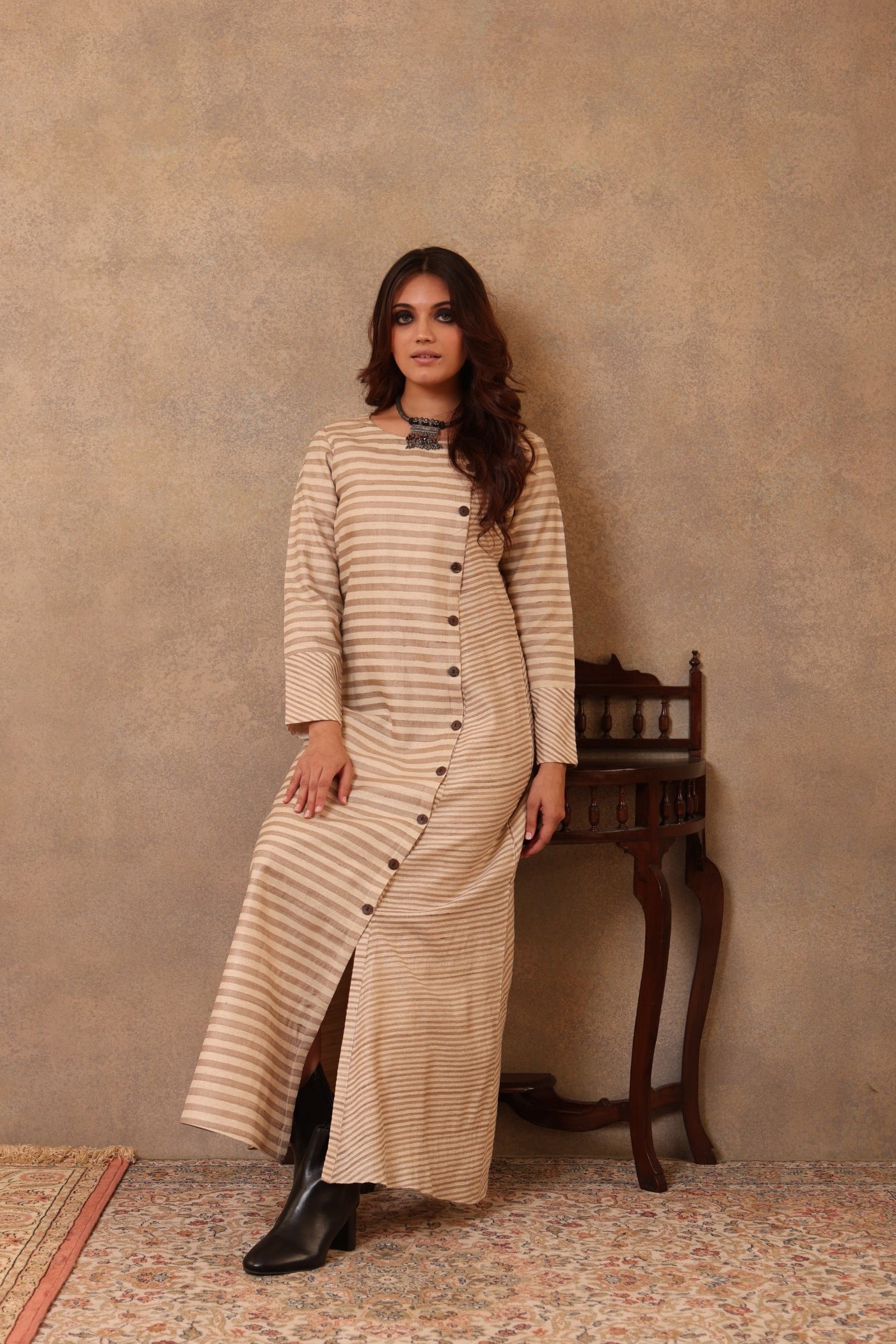 Khakhi & Off-White Handloom Pure Tussar-Noil Silk Long Dress With Buttons