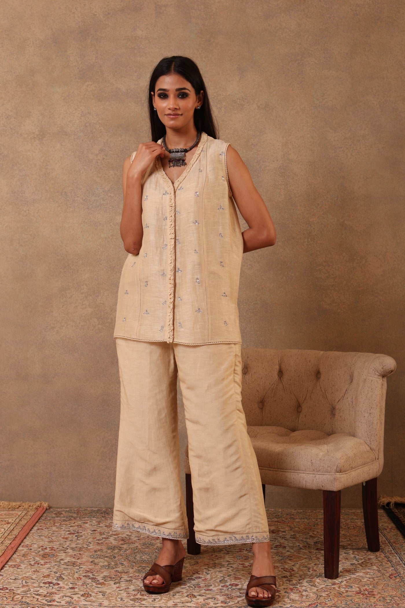 Ecru Hand-Embroidered Pure Linen-Silk Sleeveless Co-Ord Set