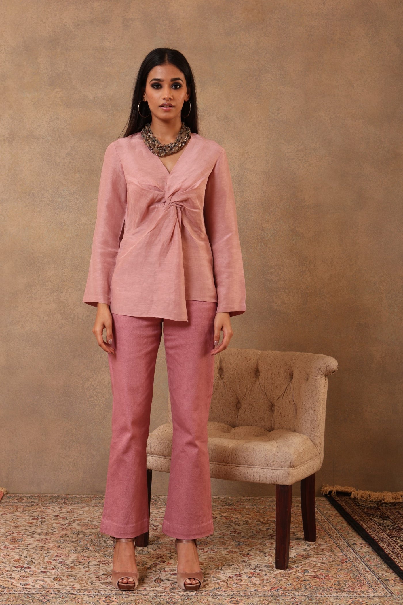 Dusty-Pink Pure Linen-Silk Knotted Short Blouse
